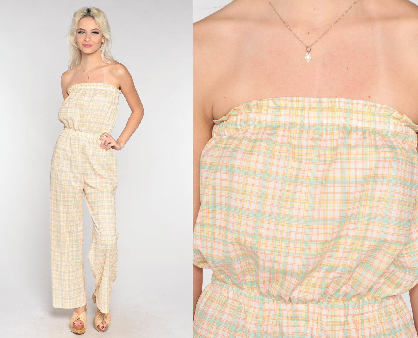 70s Plaid Strapless Jumpsuit Straight Leg High Waist White Yellow Small