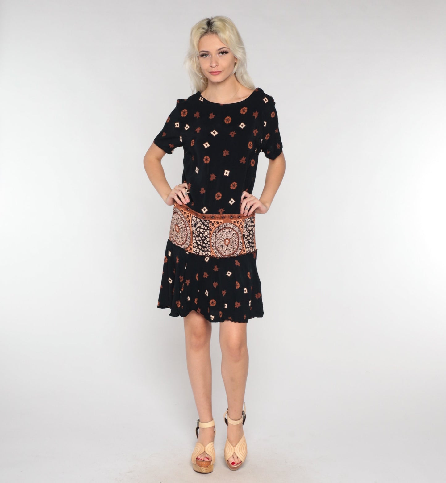 90s Black Mini Dress Abstract Floral Tile Print Short Sleeve Small S
