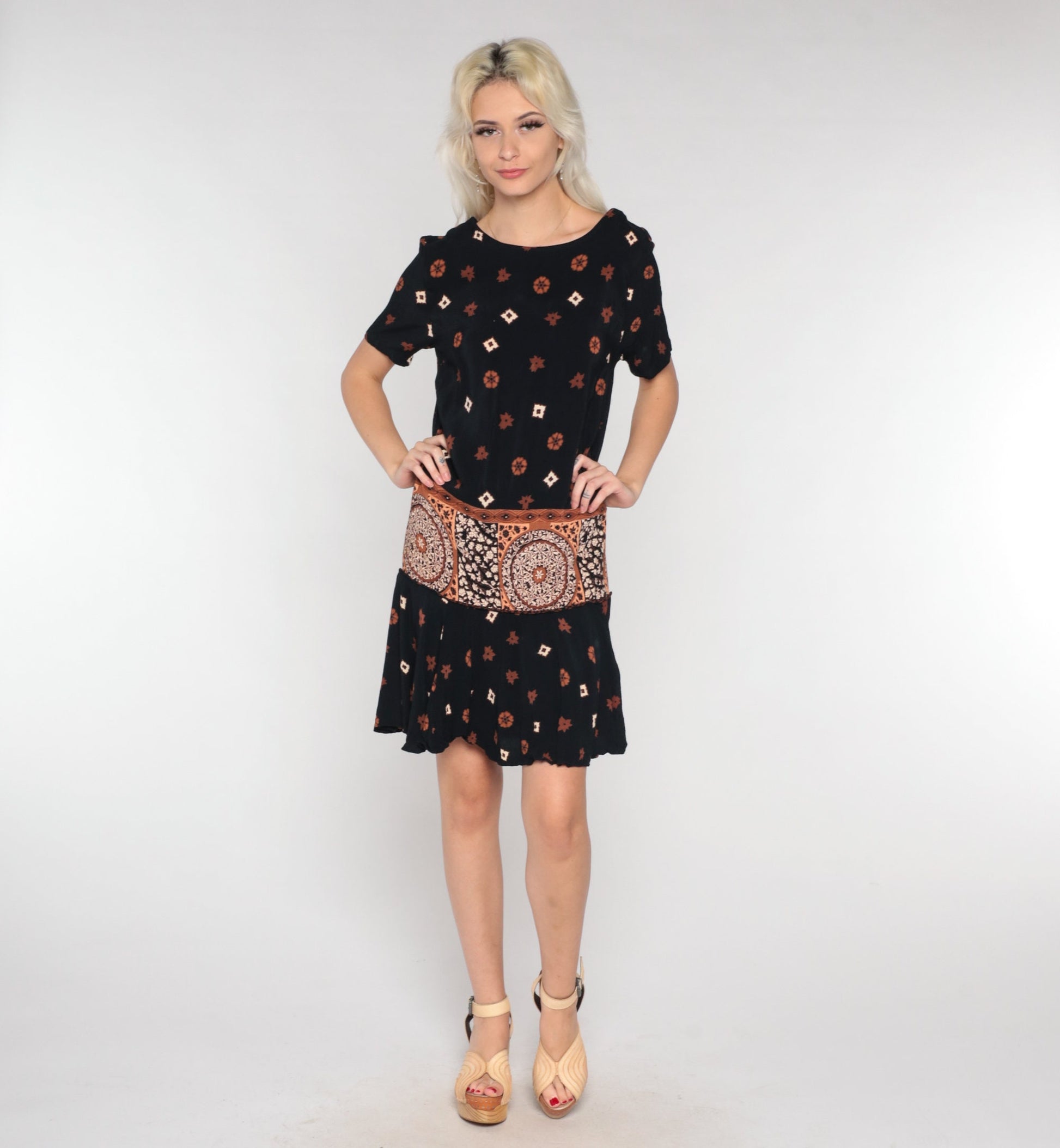 90s Black Mini Dress Abstract Floral Tile Print Short Sleeve Small S
