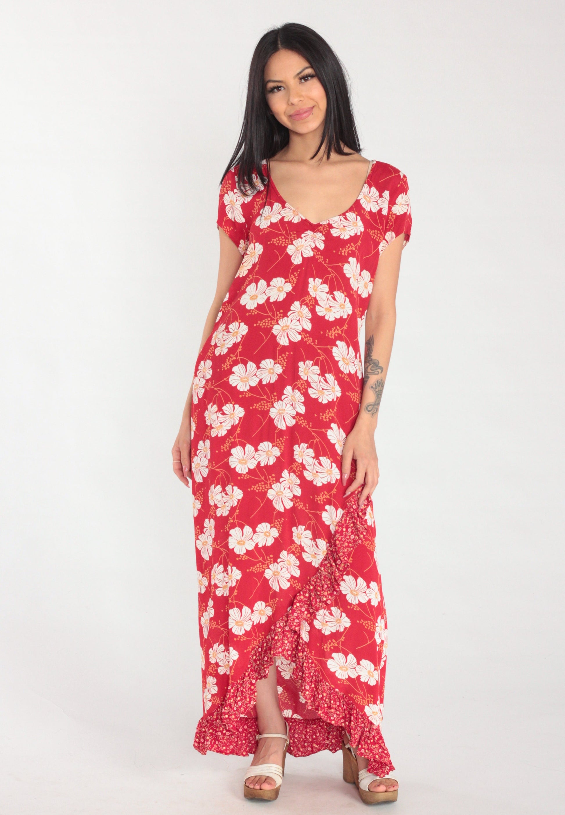 90s Red Floral Maxi Dress White Poppy Print Ruffled V-Neck Short Sleeve Small