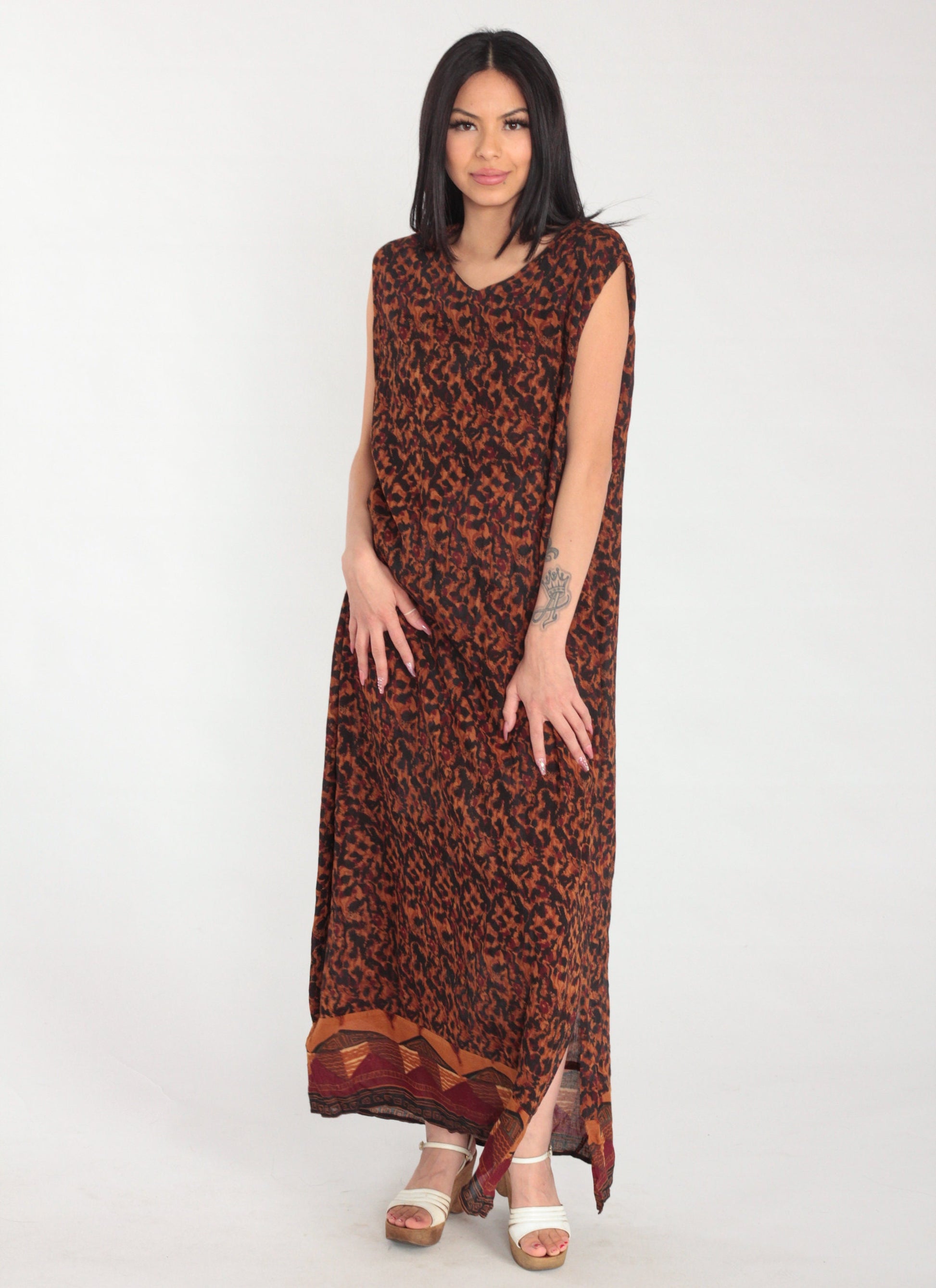 90s Karin Stevens Maxi Dress Sleeveless Orange Black Abstract Animal Print Large