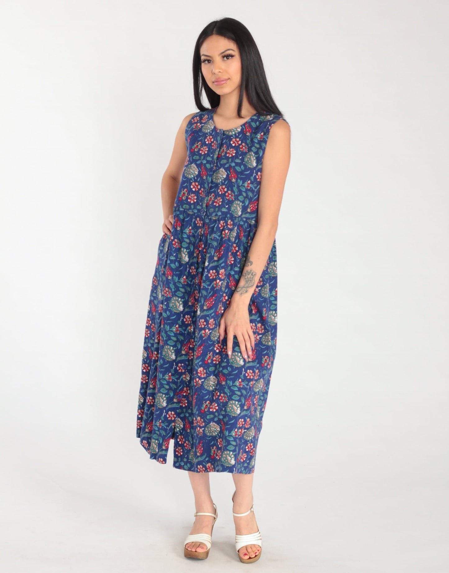 90s Laura Ashley Blue Floral Midi Dress Cotton Wool Blend Sleeveless Small S