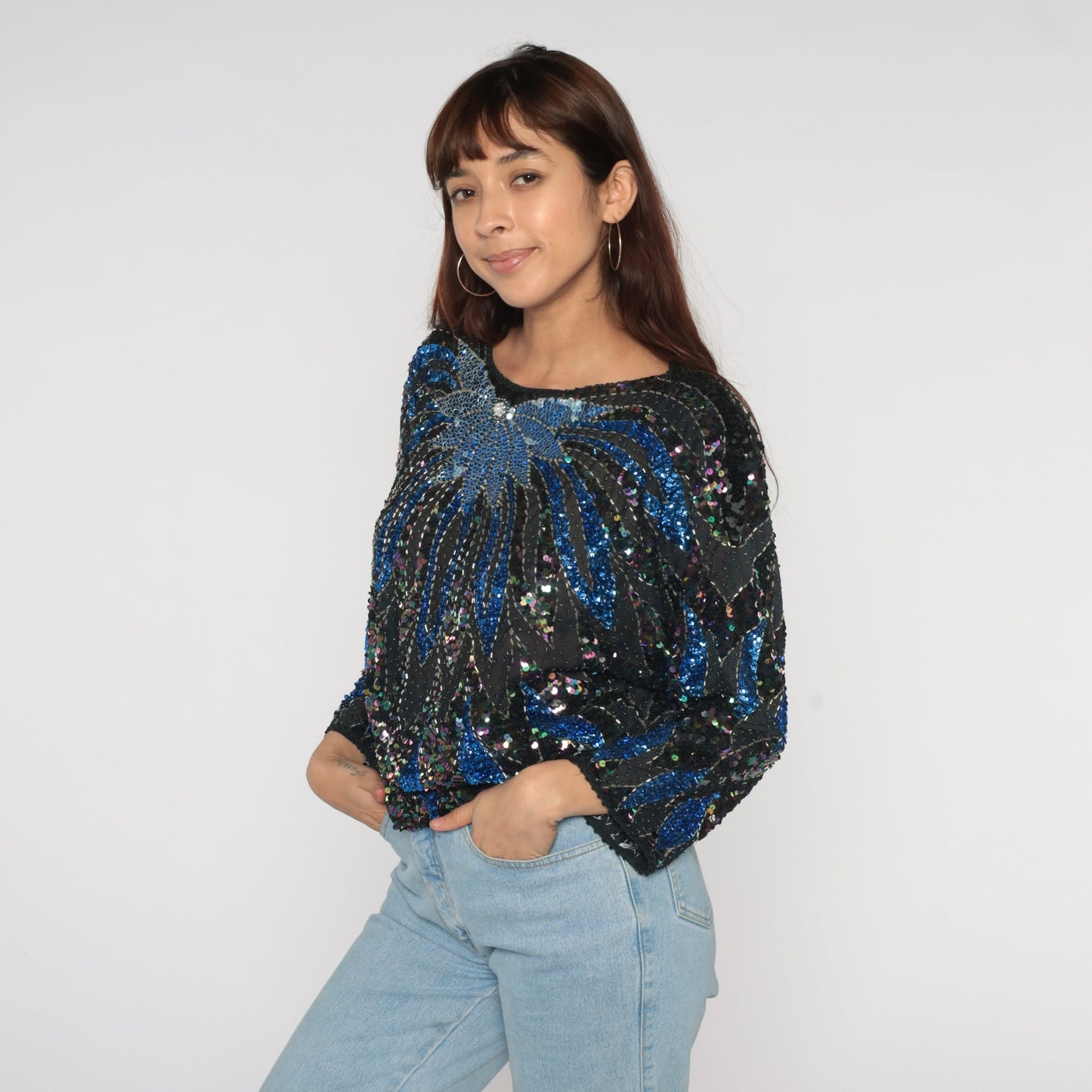 80s Black Sequin Beaded Blouse Blue Floral Dolman Sleeve Medium Large
