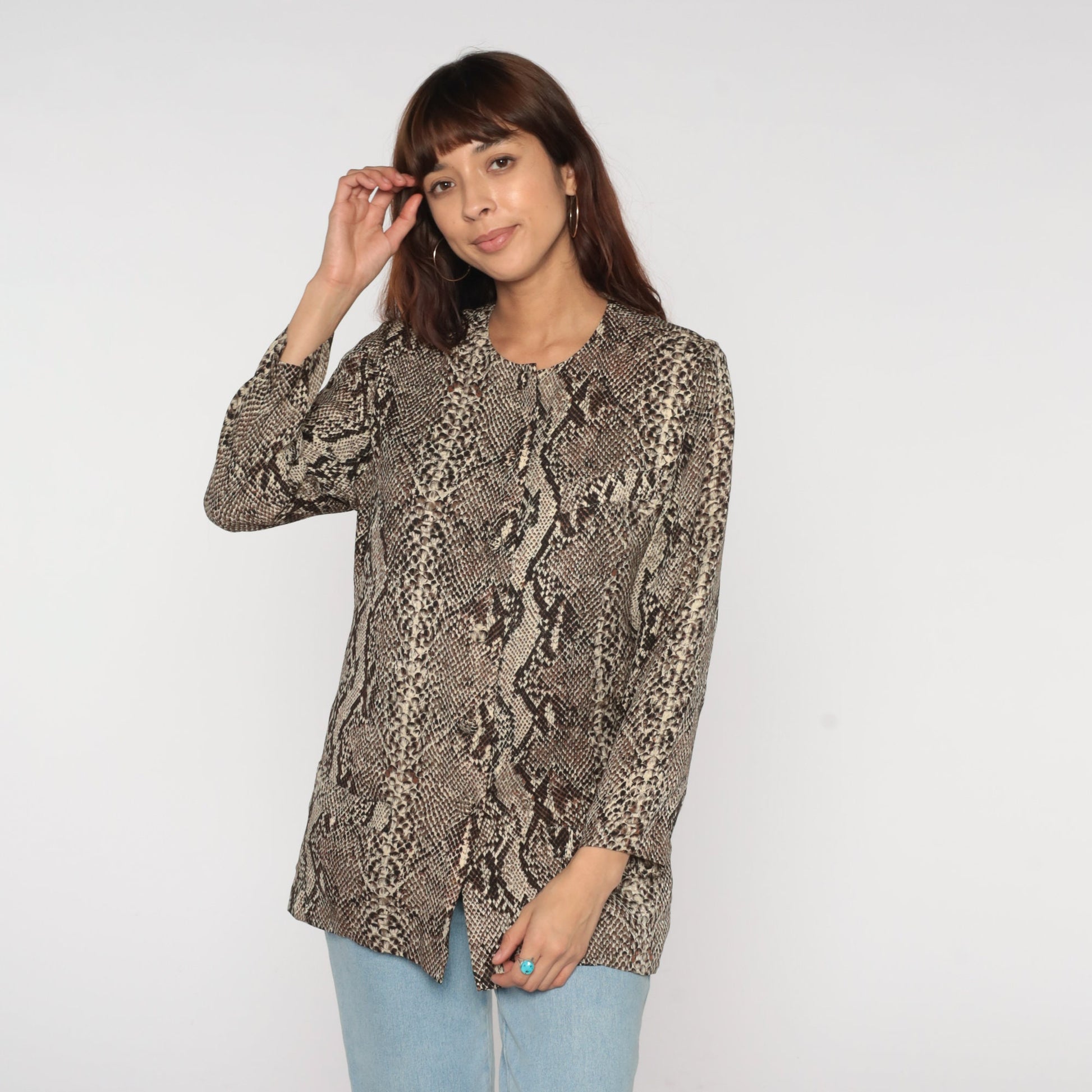 80s Flora Kung Silk Snakeskin Scale Print Blouse Brown Button Up Small