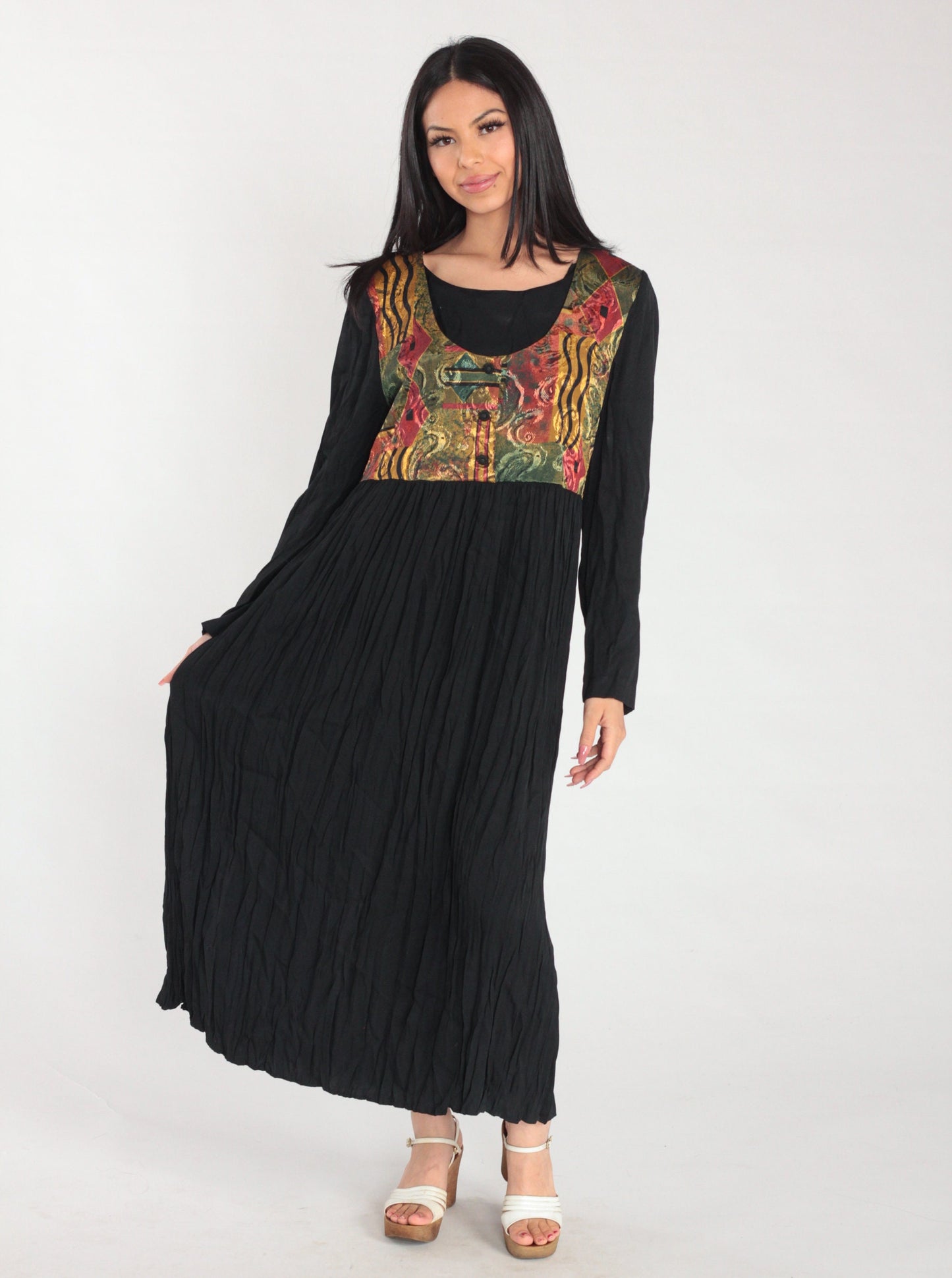 90s Black Maxi Dress with Abstract Print Attached Vest Long Sleeve Large