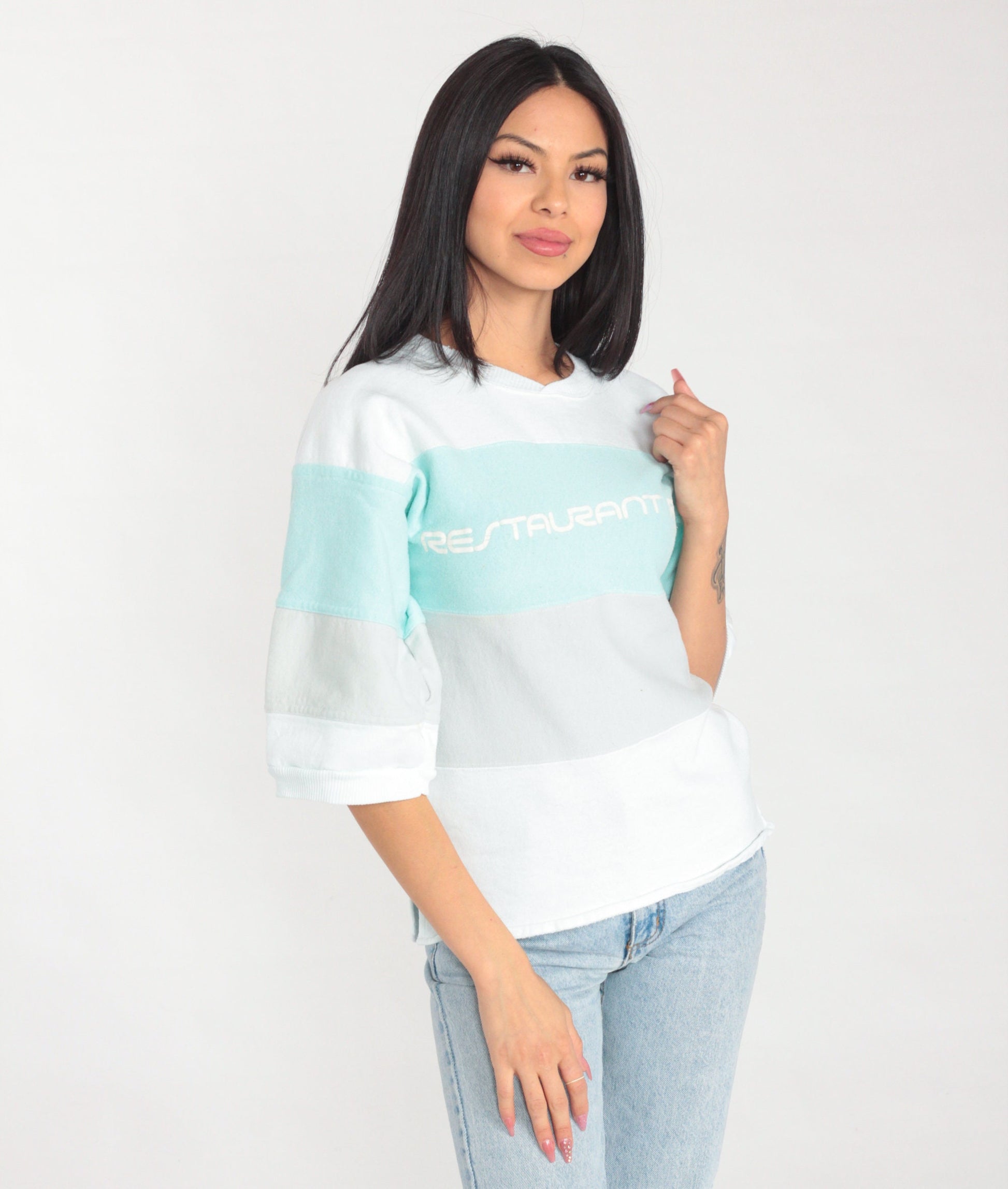 80s Restaurant Row Striped Sweatshirt White Mint Grey Graphic Tee Small