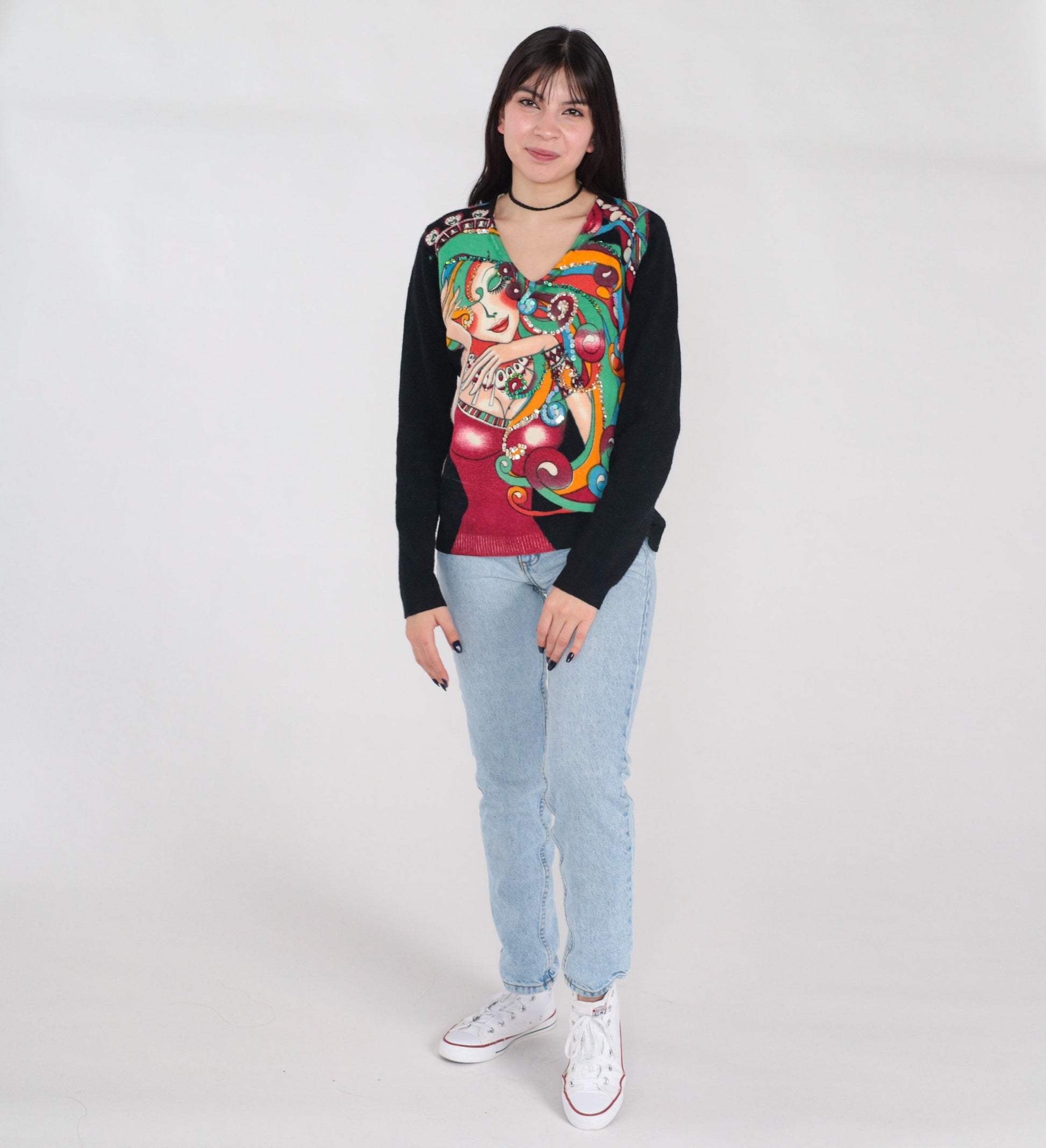 00s Sequin Fantasy Woman Graphic Pullover Sweater Black Medium M