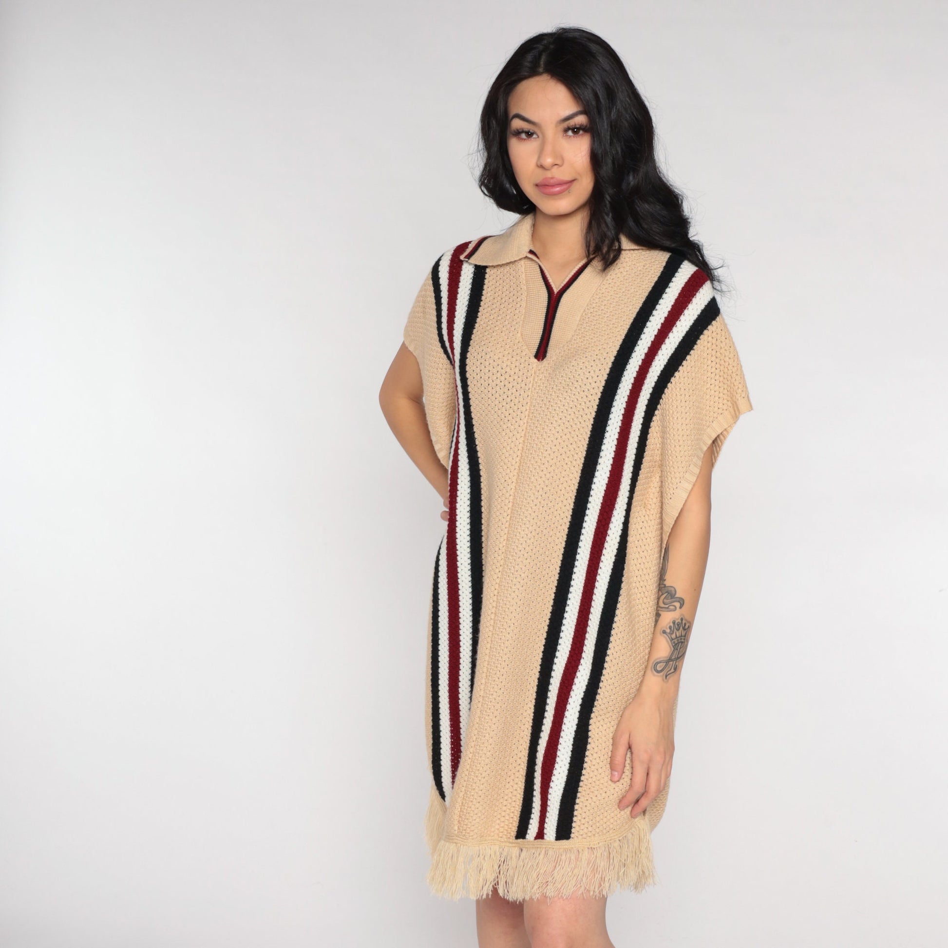 70s Tan Striped Knit Poncho Collared Fringe Shawl One Size