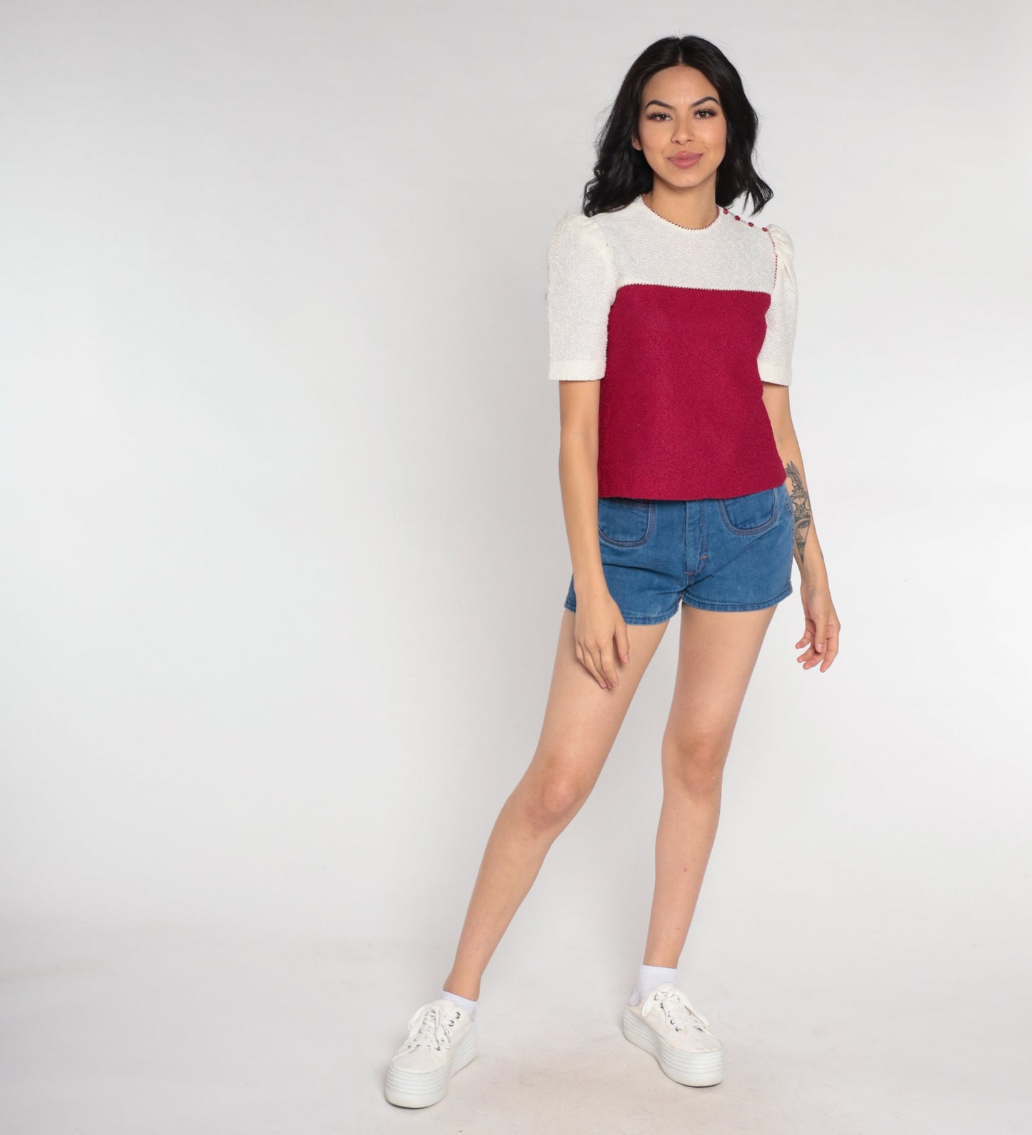 80s Raspberry White Color Block Knit Puff Sleeve Top Extra Small