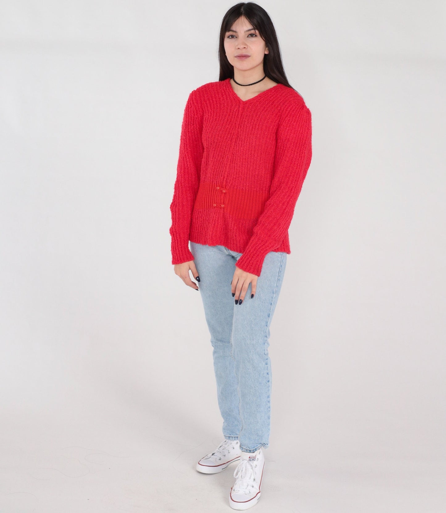 80s Red Ribbed Knit V-Neck Sweater Button Waist Medium