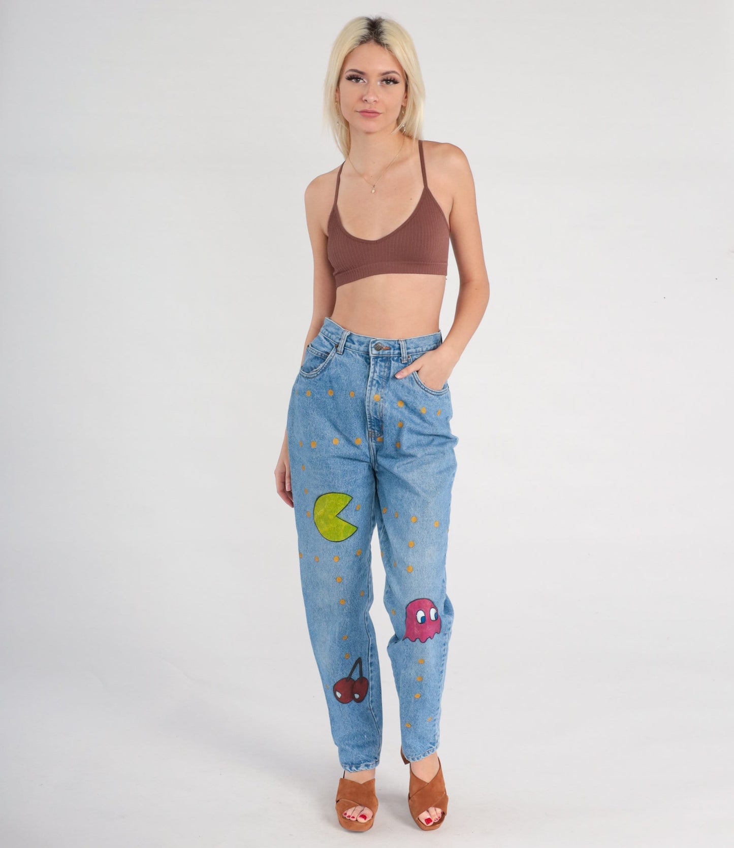 90s Pac-Man Hand Painted High Waist Tapered Jeans Blue Denim Small