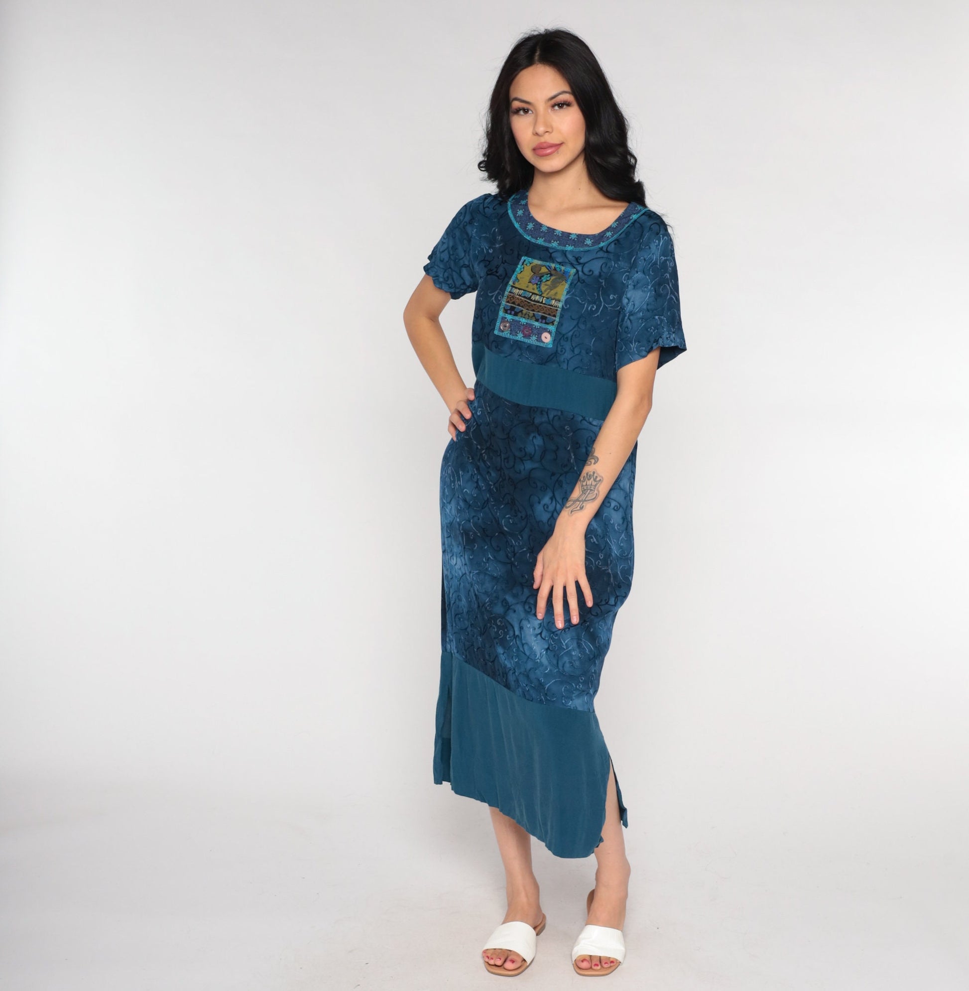 00s Dark Blue Vine Print Midi Dress Geometric Patch Side Slit Small S