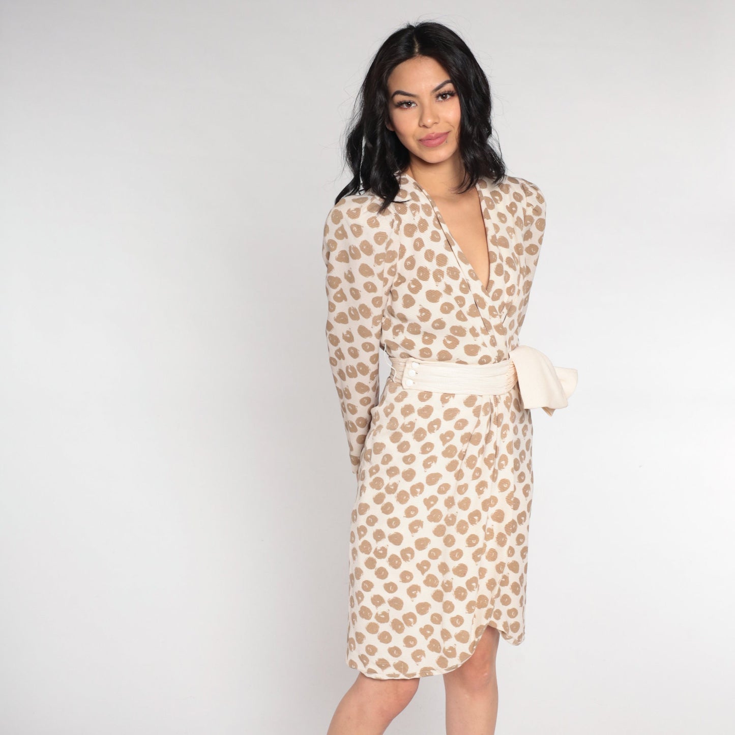 80s Silk Wrap Mini Dress Tan Dot Print V-Neck Puff Sleeve Extra Small