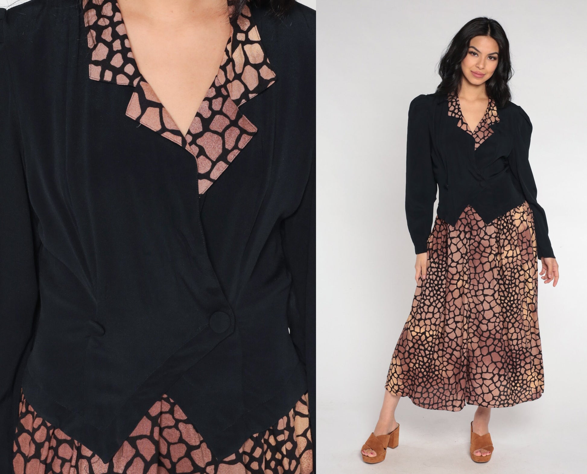 90s Visionz Midi Dress with Attached Blazer Black Brown Scale Print Puff Sleeve Small