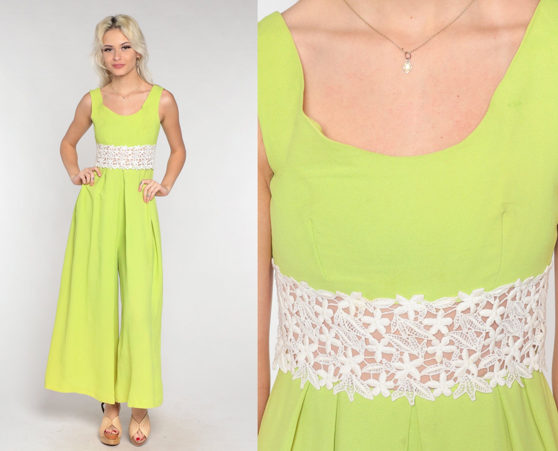 70s Lime Green Jumpsuit Wide Leg Floral Crochet Sleeveless Small