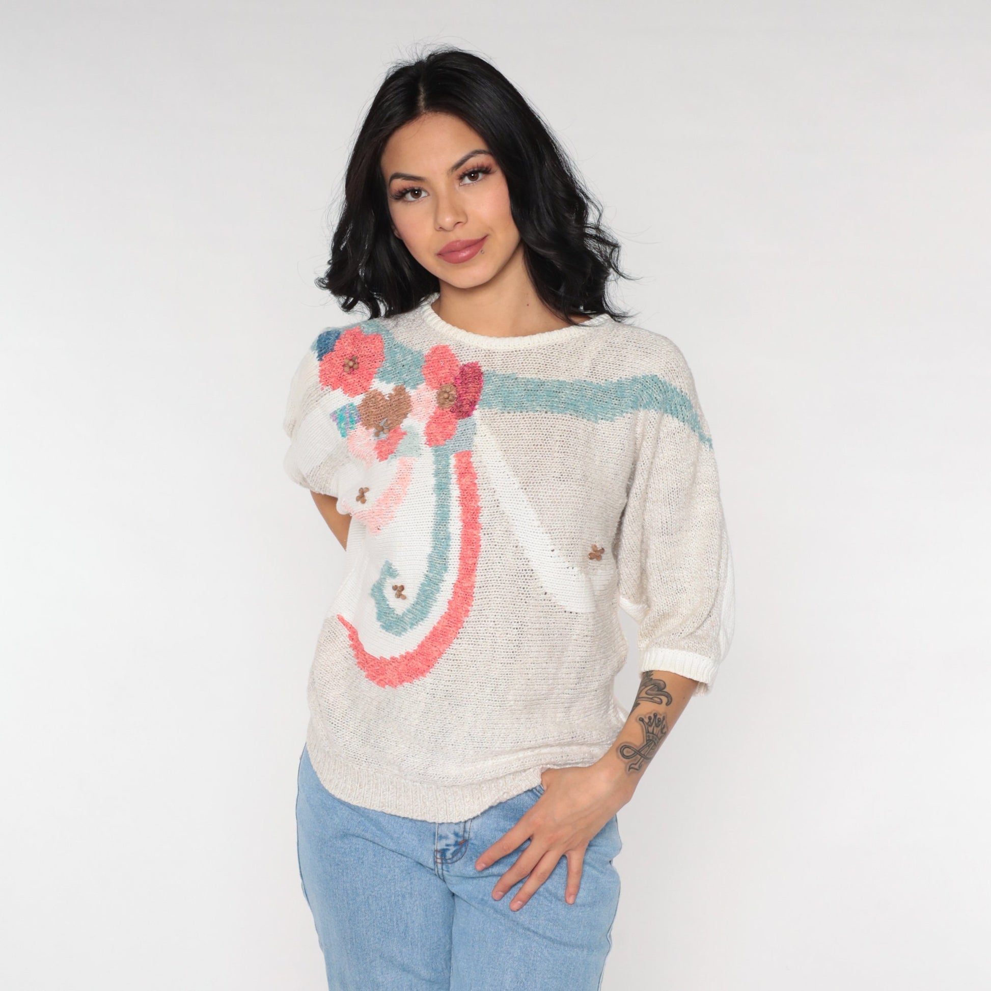 90s Koret Beaded Floral Knit Top Short Sleeve White Small