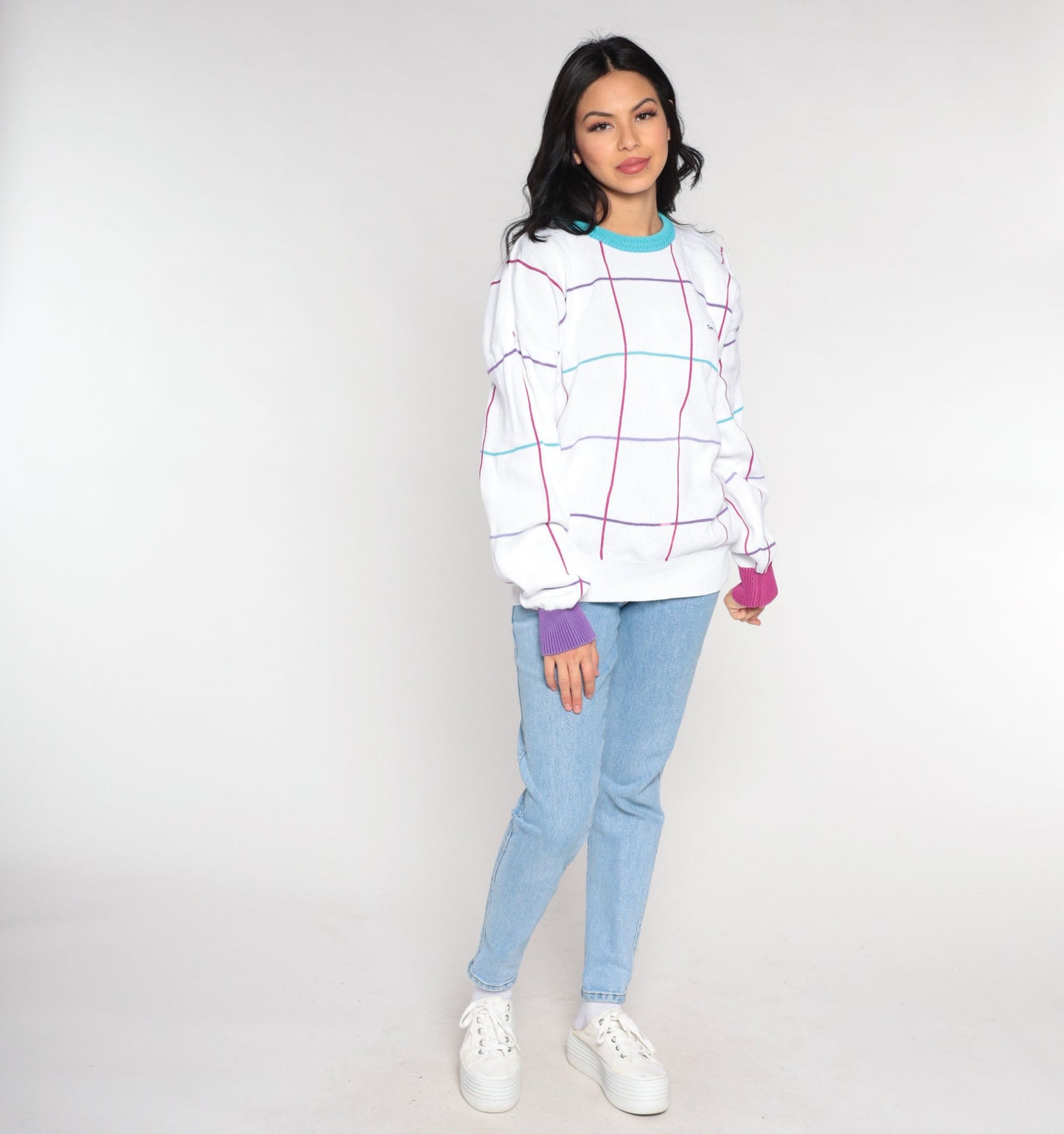 90s Terre du Lac Checkered White Crewneck Sweater Ringer Trim Large L