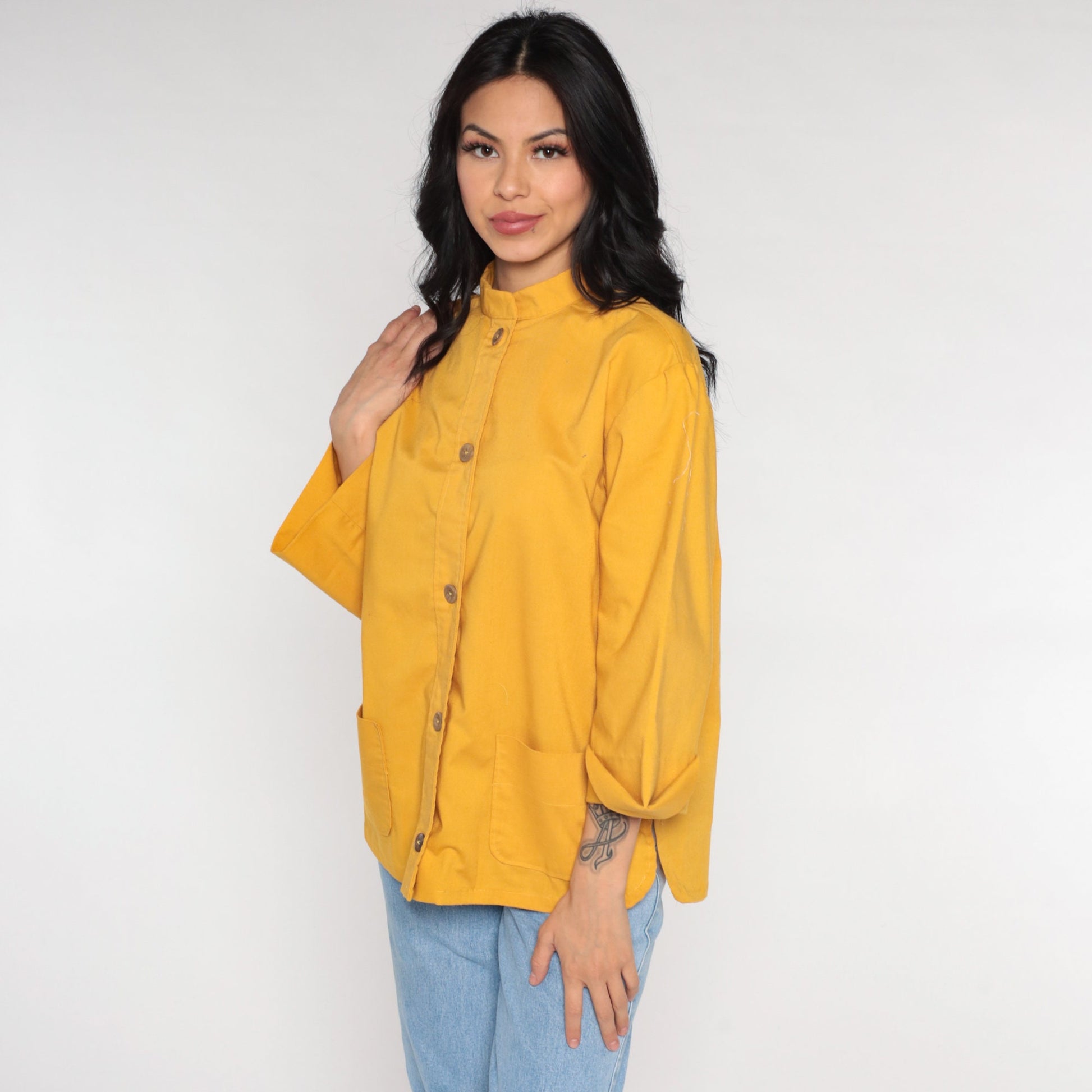 80s Yellow Cotton Blend Button-Up Blouse Long Sleeve Oxford Shirt Medium