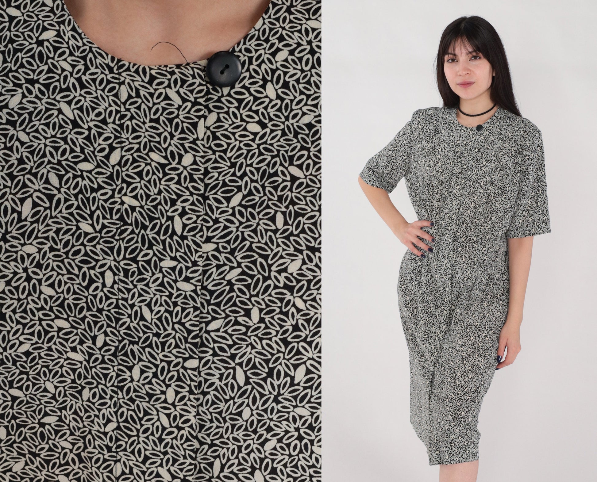 90s Liz Claiborne Black Leaf Print Midi Dress Button-Up Pockets Medium 8