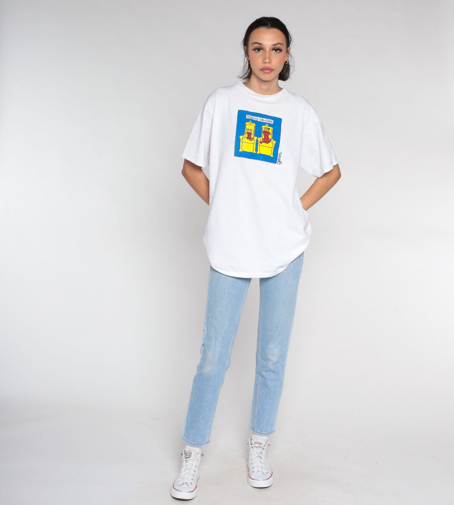 90s Grimm Reigning Cats and Dogs Graphic T-Shirt White Cotton Medium