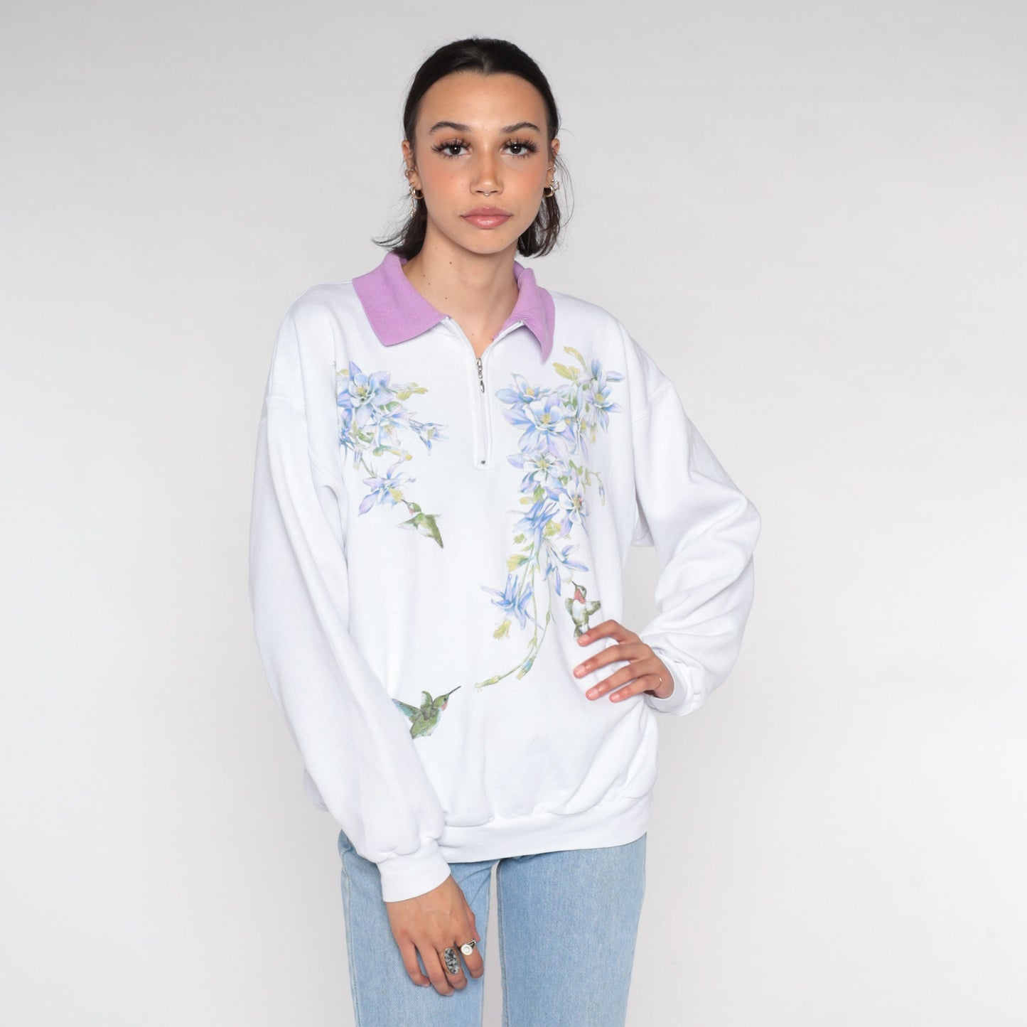 Y2K Hummingbird Columbine Floral Quarter Zip Sweatshirt White Large L