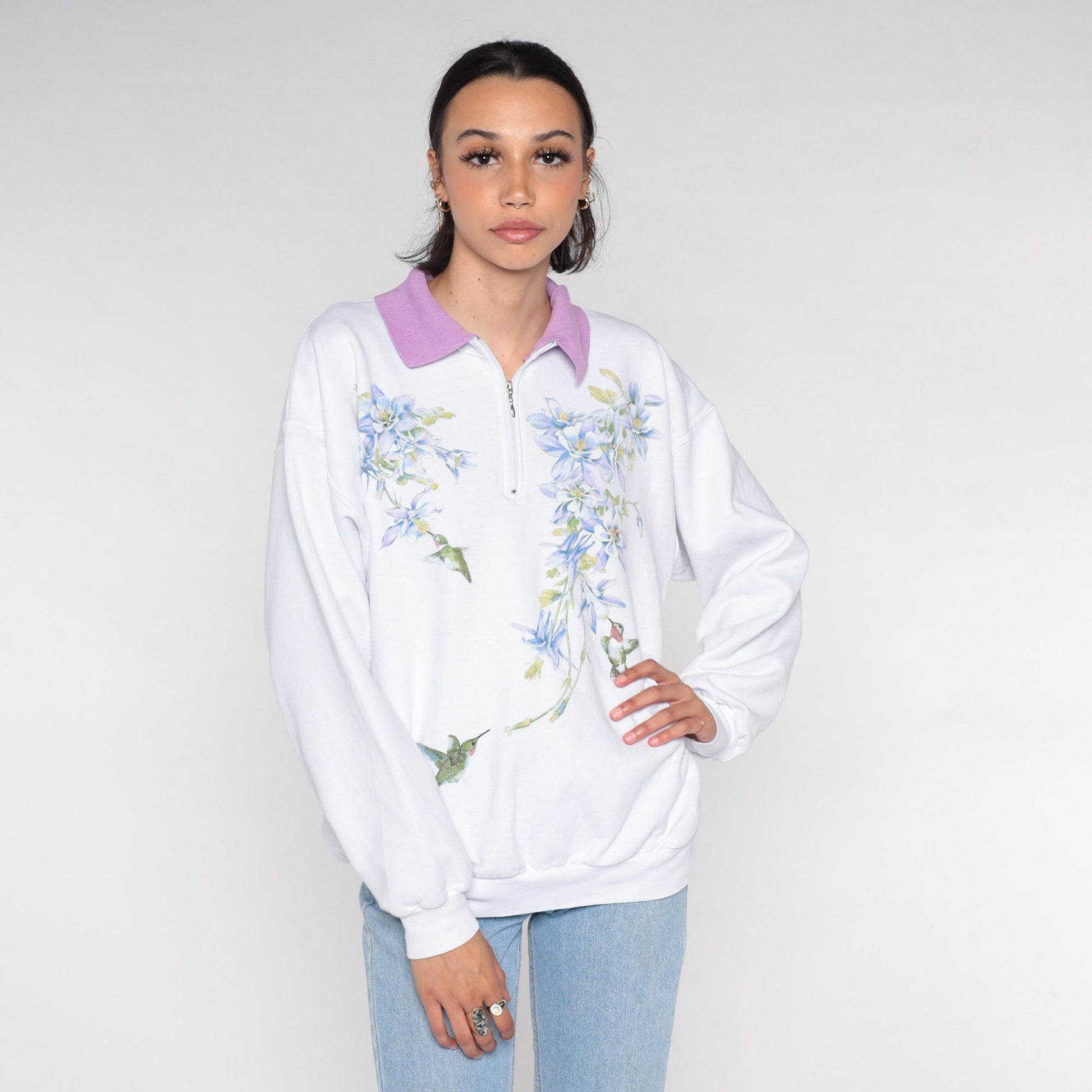 Y2K Hummingbird Columbine Floral Quarter Zip Sweatshirt White Large L