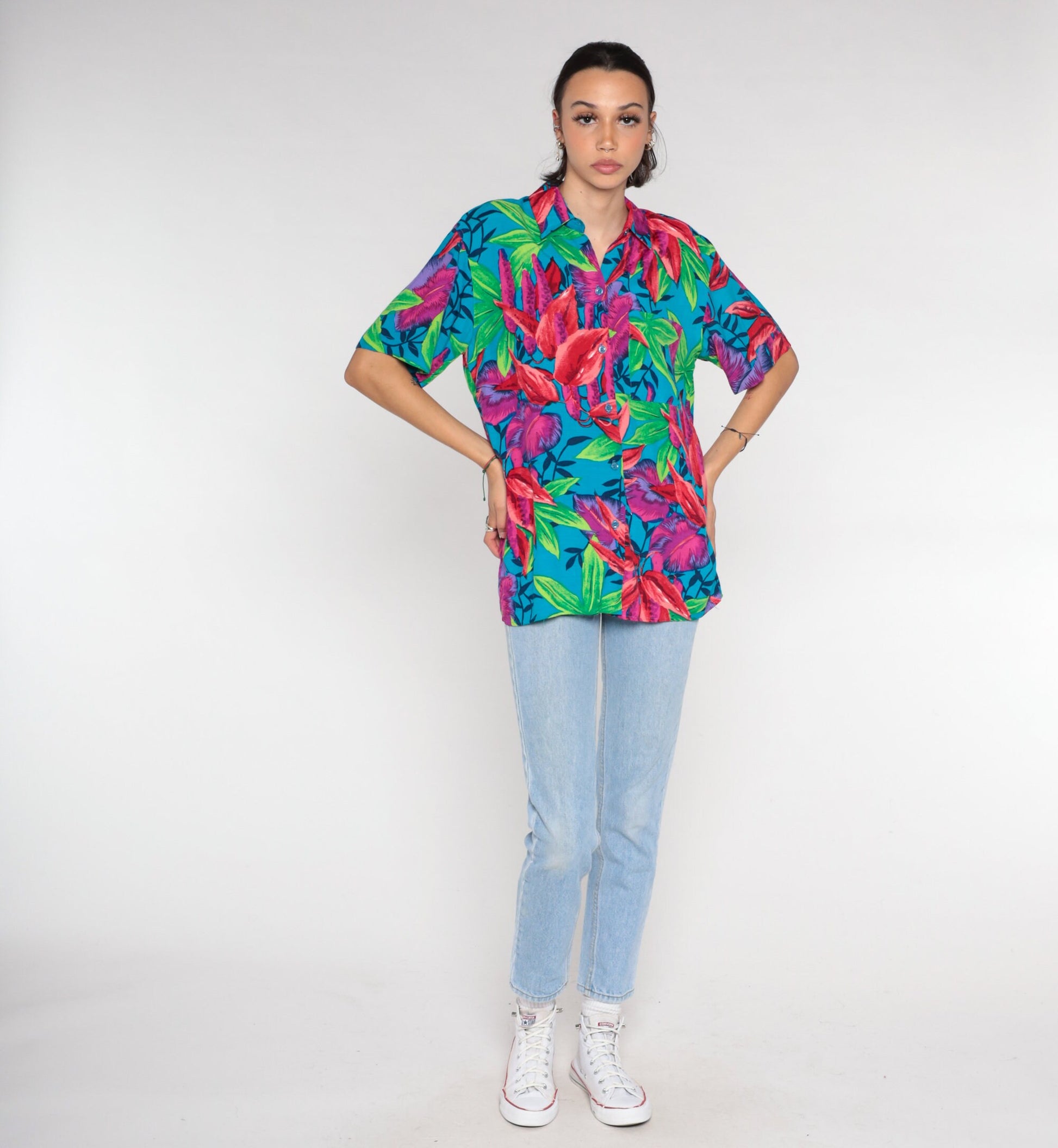 90s Hawaiian Floral Button-Up Blouse Blue Short Sleeve Medium