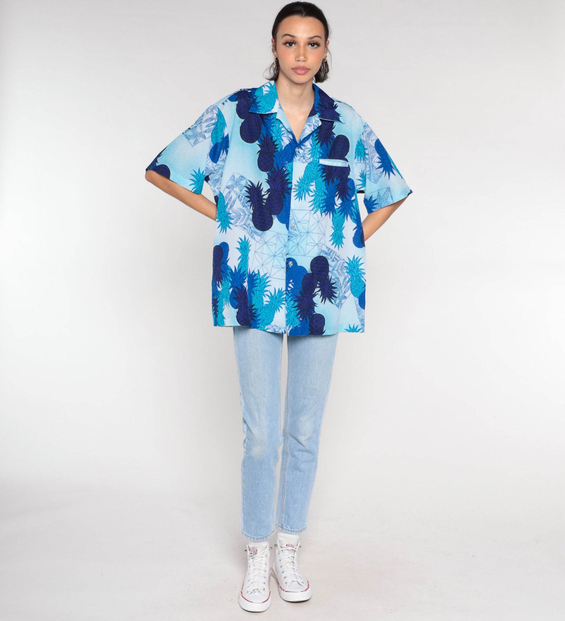 70s Blue Pineapple Tropical Button Up Shirt Short Sleeve Men's Large