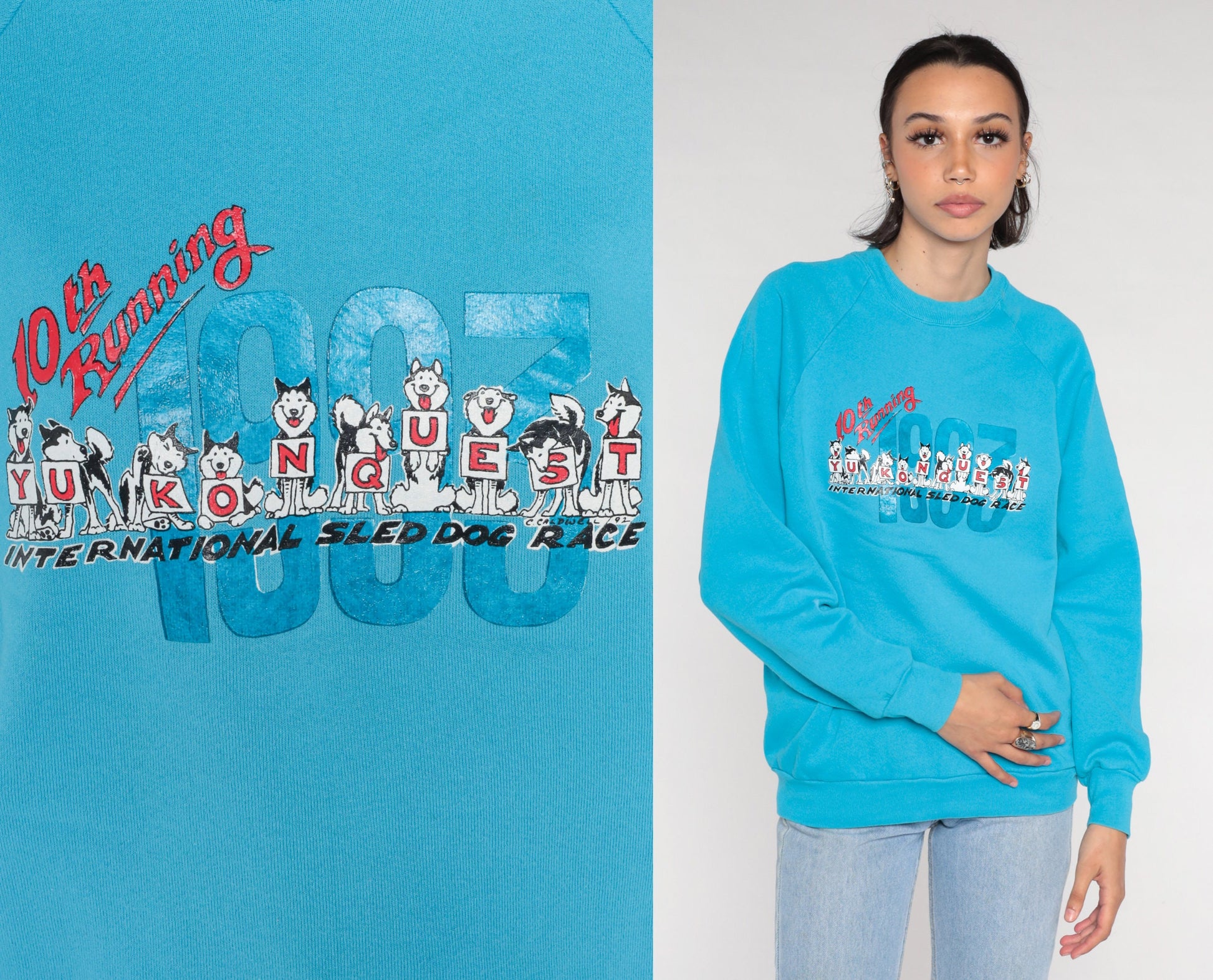 1993 Yukon Quest Dogsled Race Sweatshirt Blue Raglan Graphic Medium
