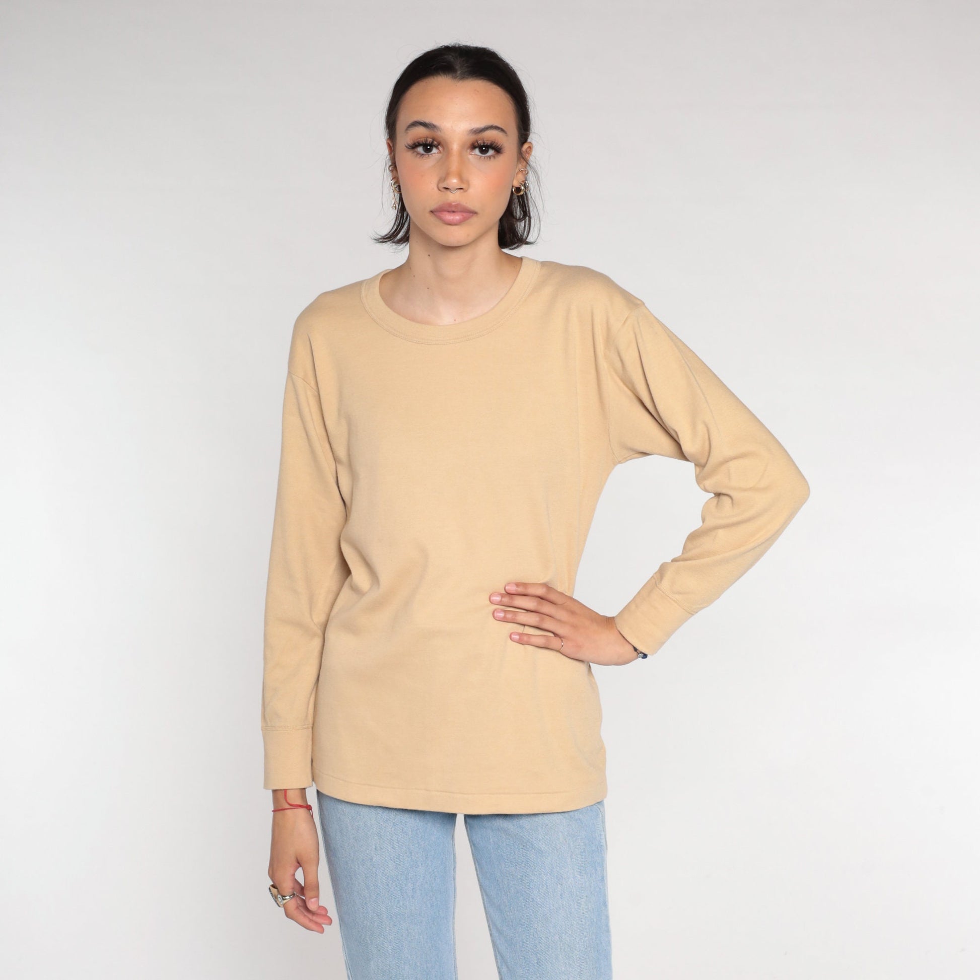00s Tan Long Sleeve T-Shirt Plain Crewneck Cotton Blend Large L