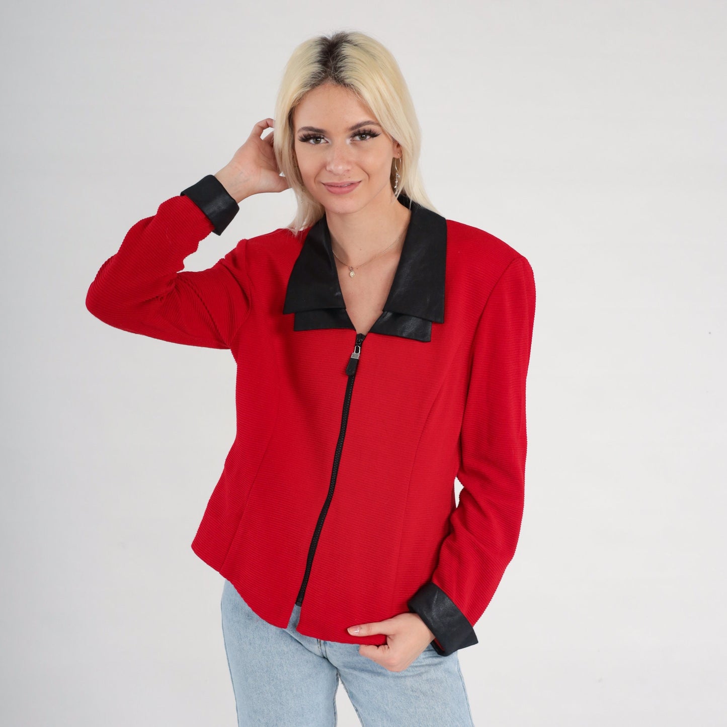 90s Red Blazer Jacket Faux Leather Collar Zip Front Medium