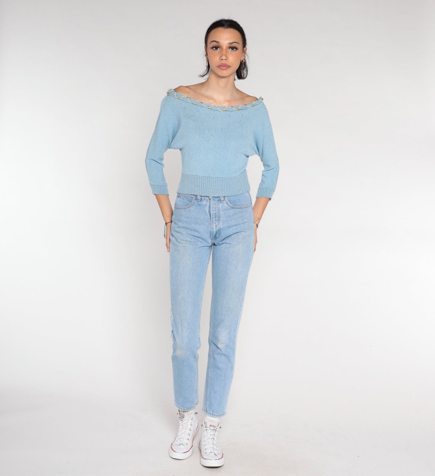 70s Dusty Blue Knit Sweater Off-Shoulder Sequin Beaded Pullover Small S