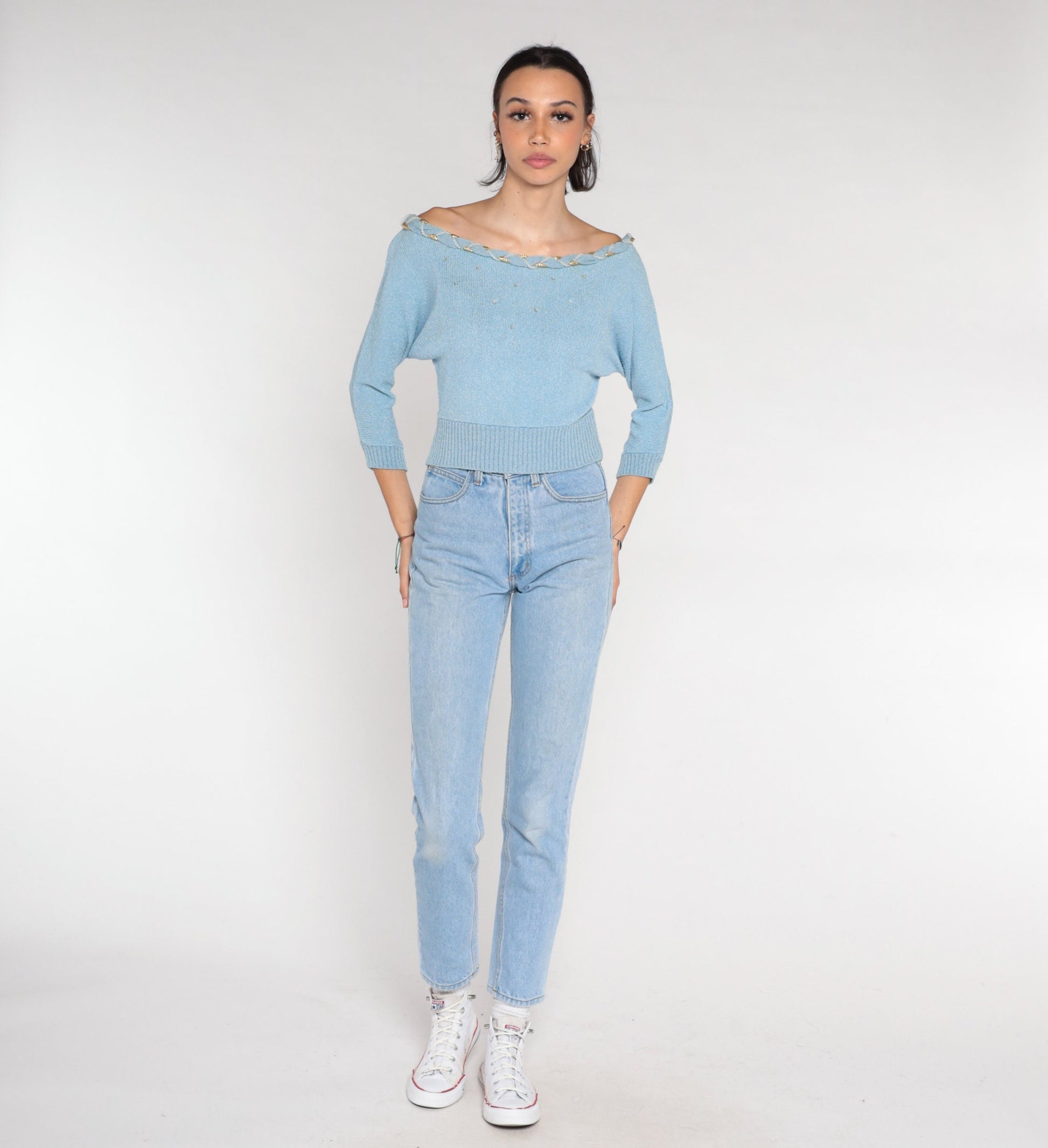 70s Dusty Blue Knit Sweater Off-Shoulder Sequin Beaded Pullover Small S