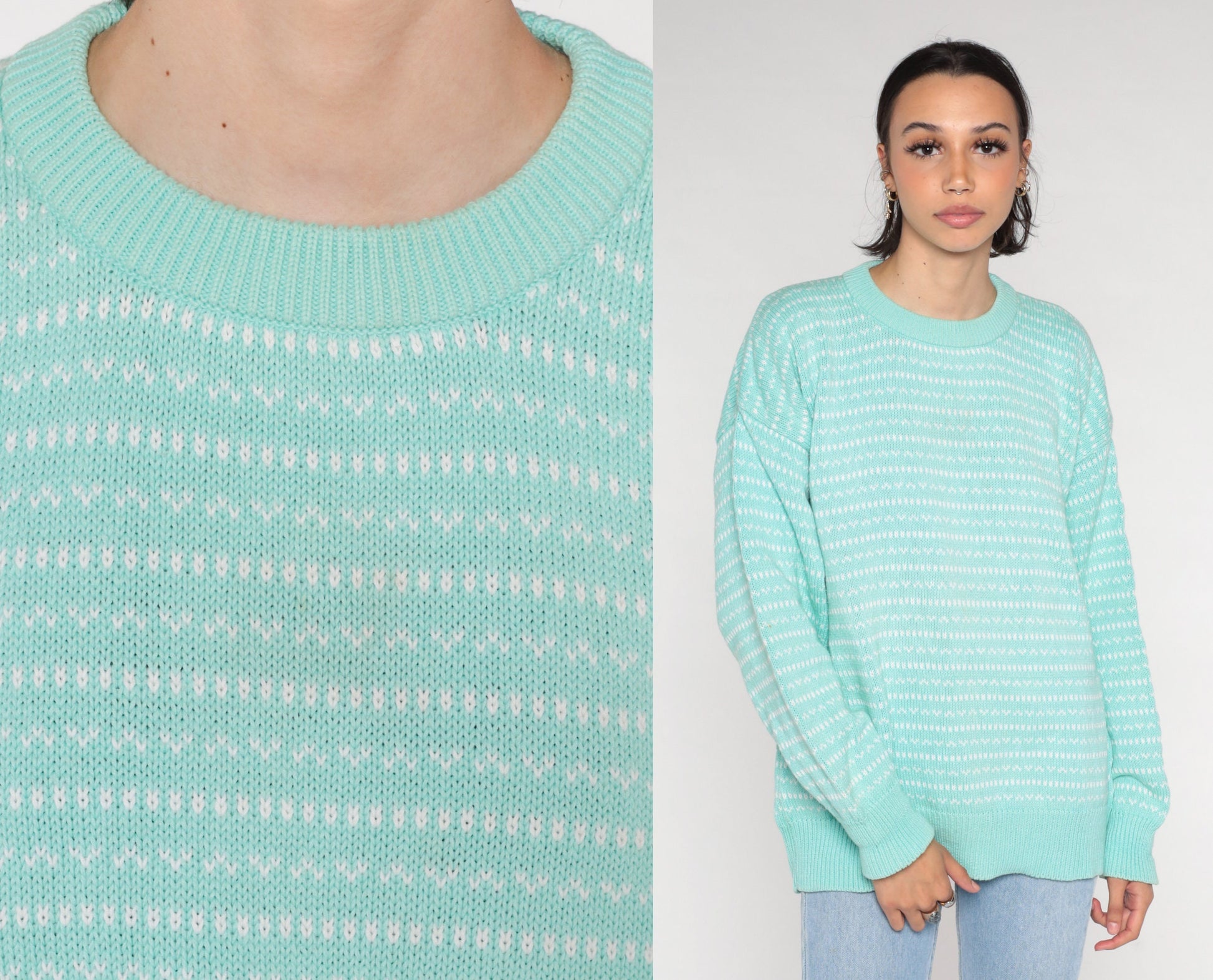 90s Eddie Bauer Seafoam Striped Knit Sweater Crewneck Cotton Medium