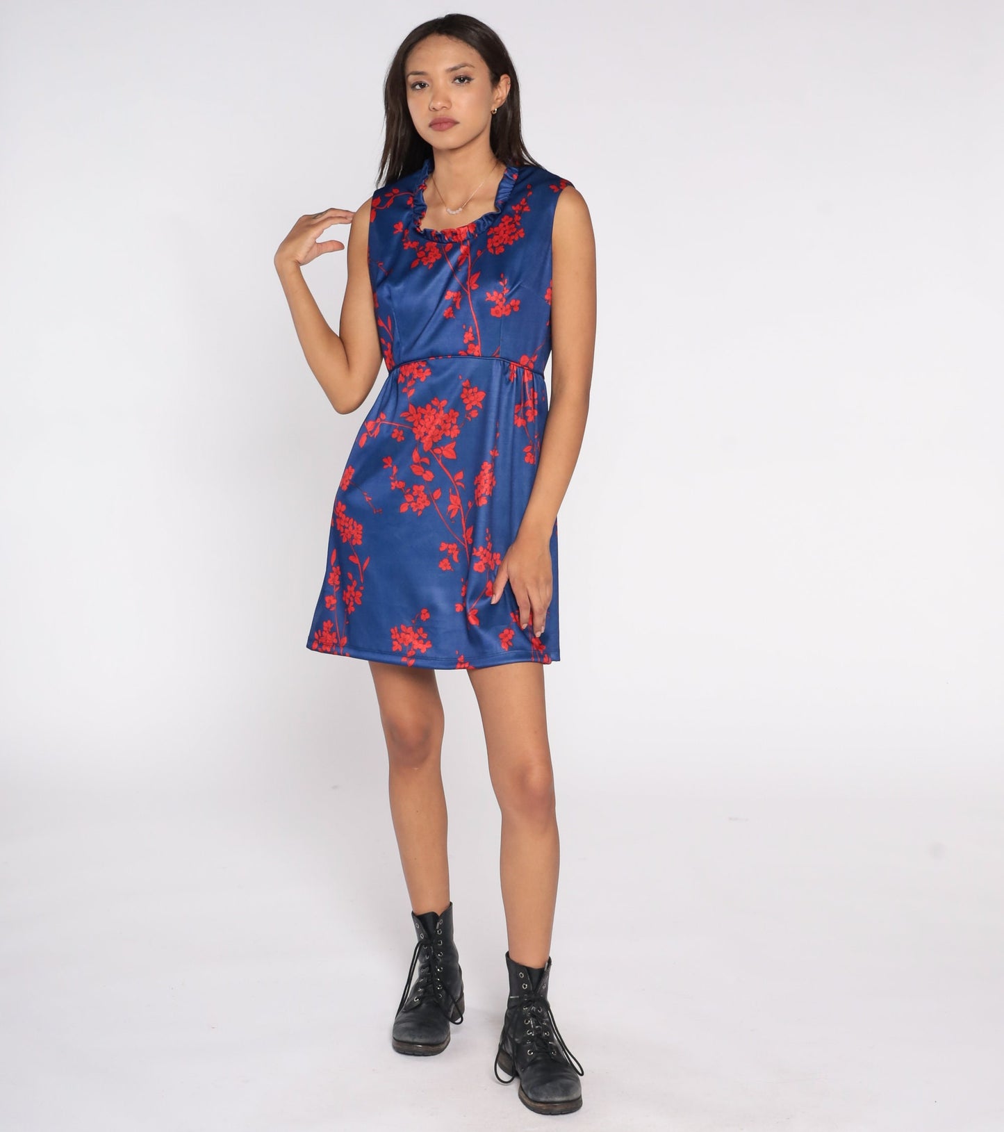 70s Emilio Borghese Babydoll Mini Dress Blue Floral Empire Waist Small