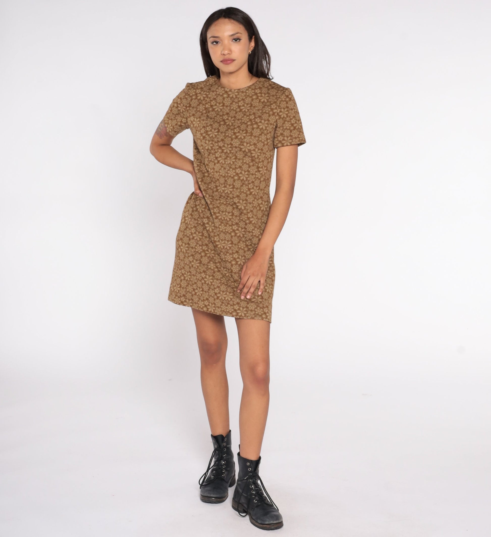 60s Floral Brown Wool Blend Shift Mini Dress Short Sleeve Extra Small