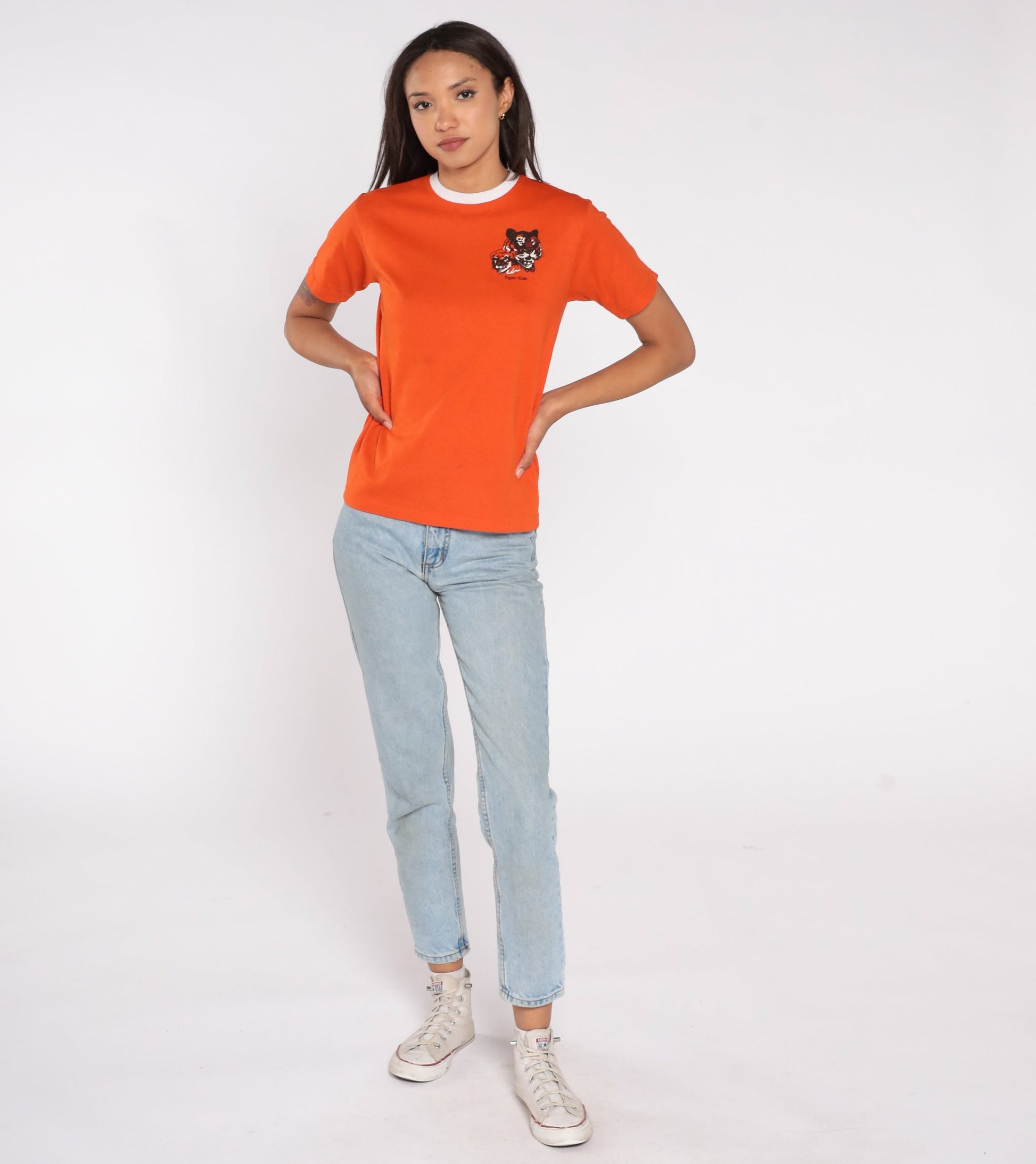 80s Tiger Cub Scout Ringer Tee Orange Graphic T-Shirt Small S