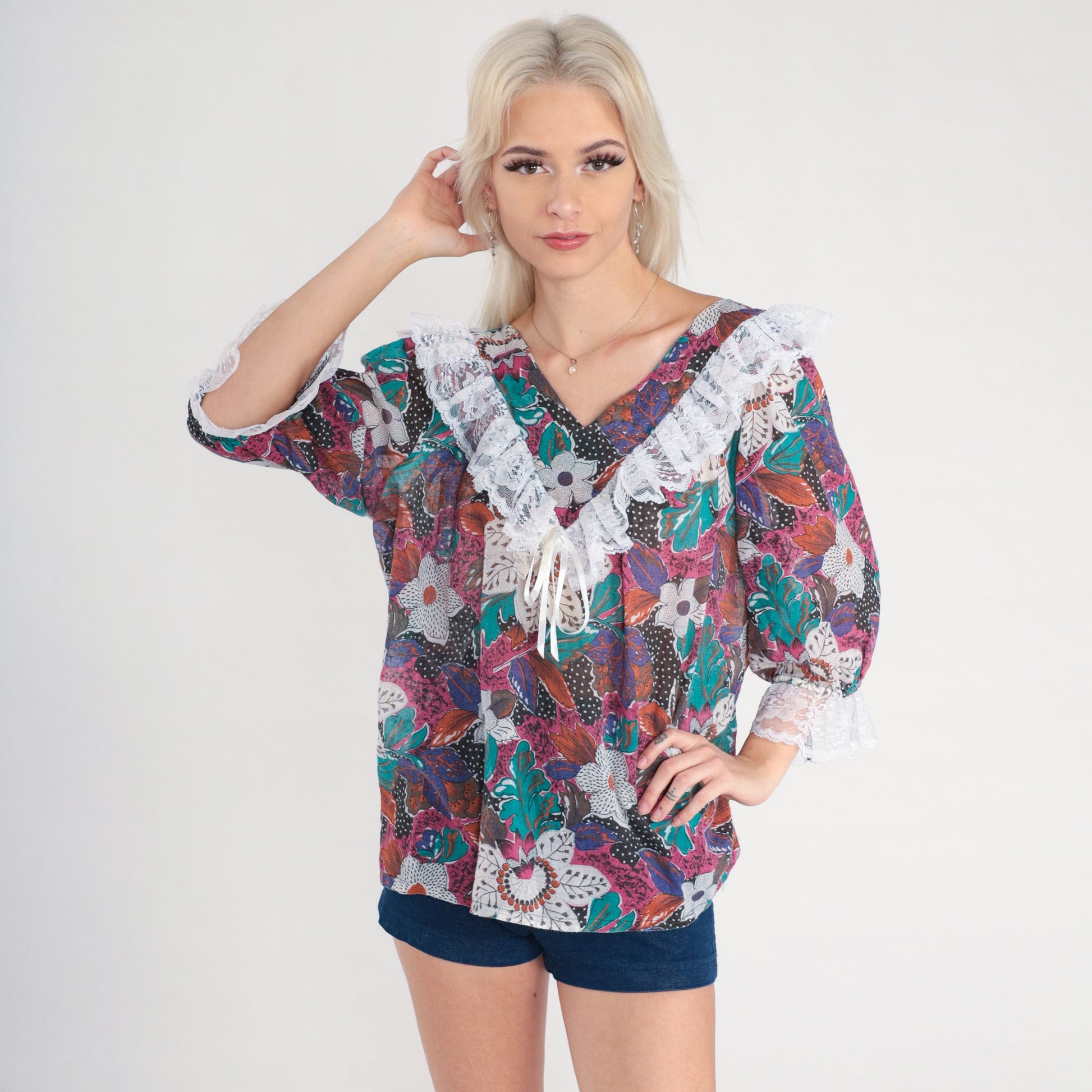 80s Floral Lace Blouse V-Neck Ruffle Tropical Print 3/4 Sleeve Large L