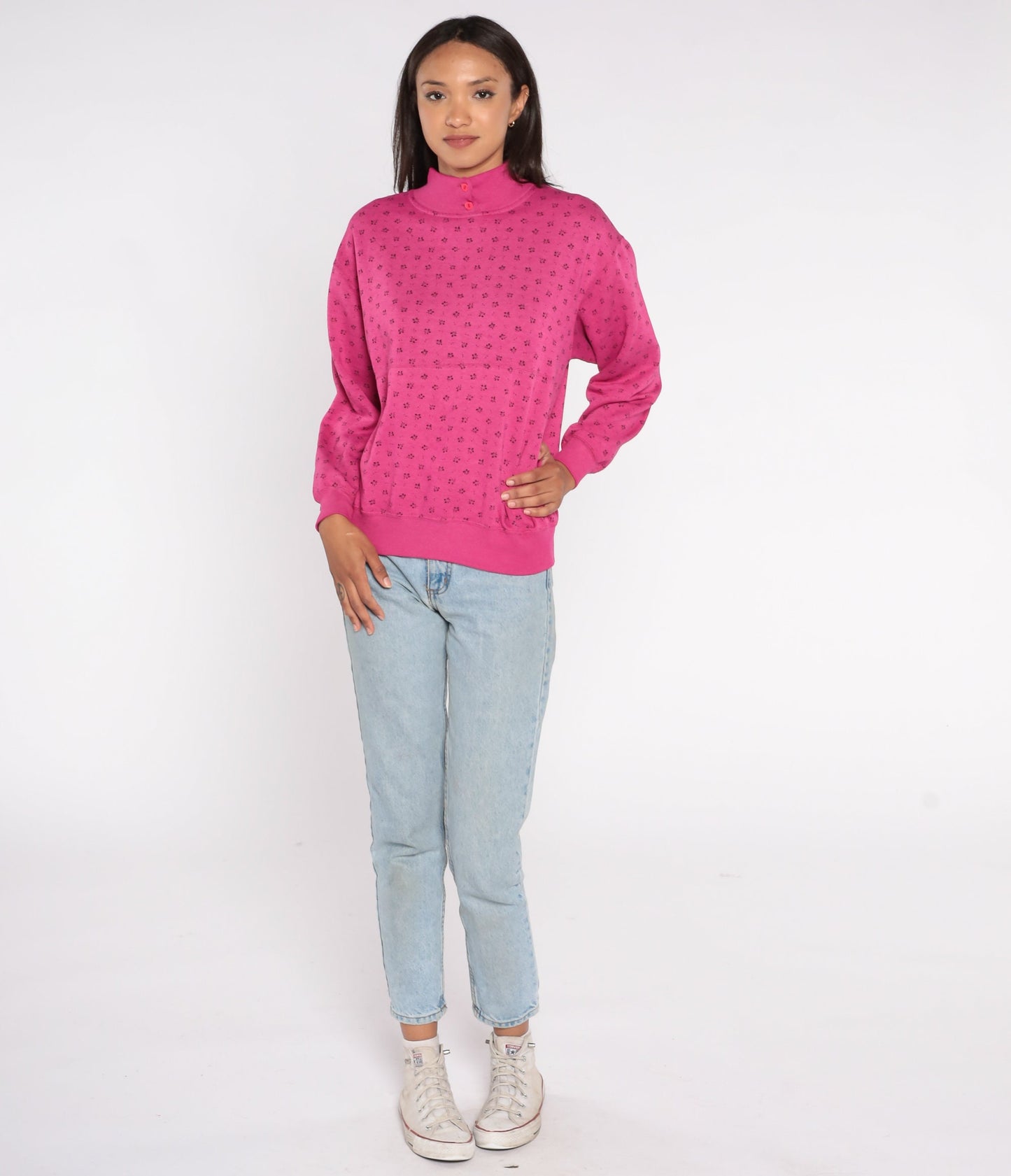 80s Floral All Over Print Sweatshirt Pink Mock Neck Medium