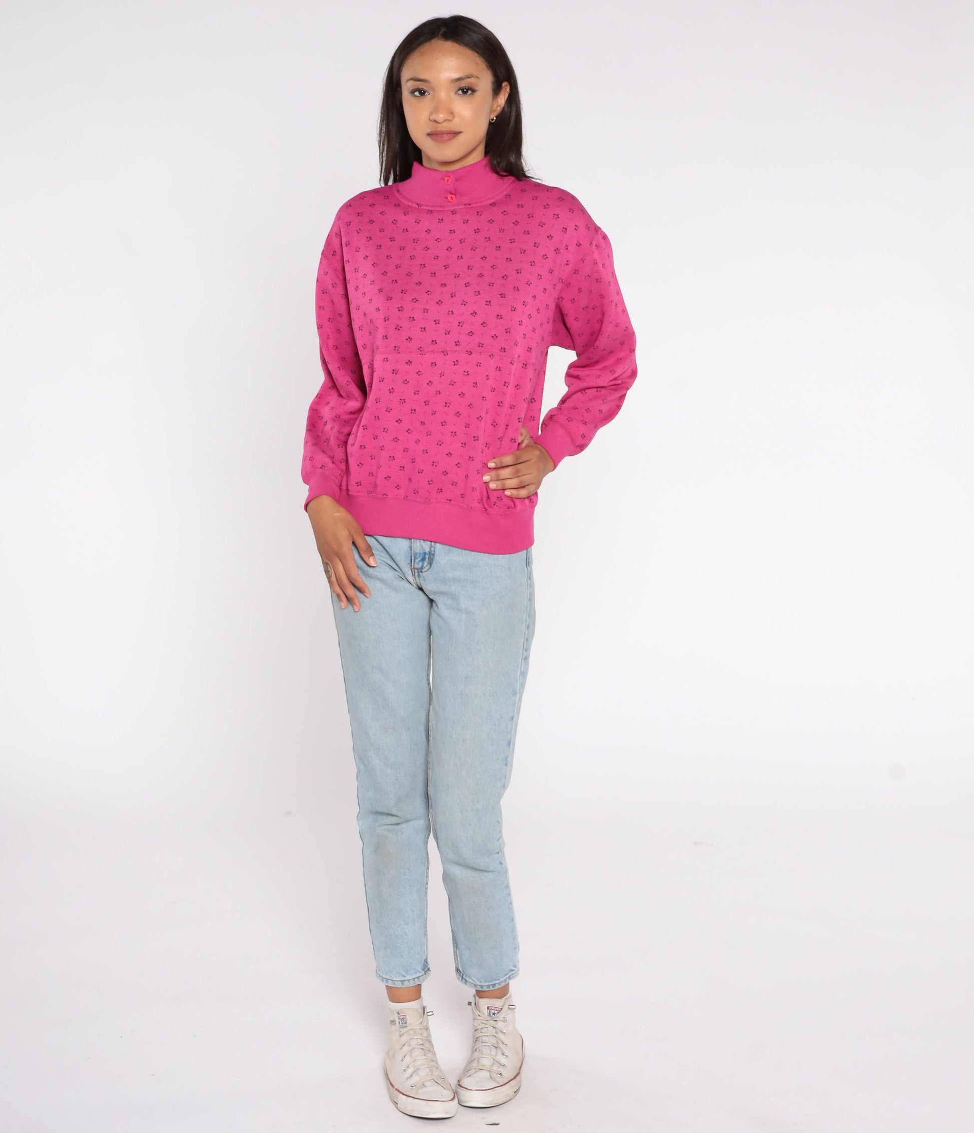 80s Floral All Over Print Sweatshirt Pink Mock Neck Medium
