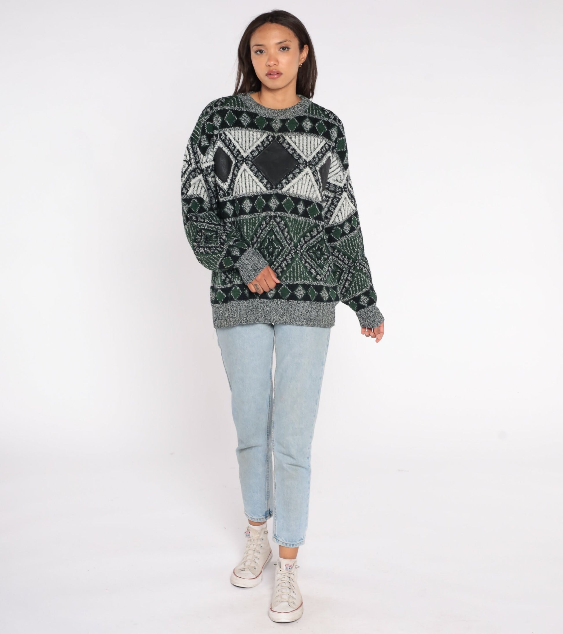 90s Geometric Leather Patch Crewneck Sweater Green Large L