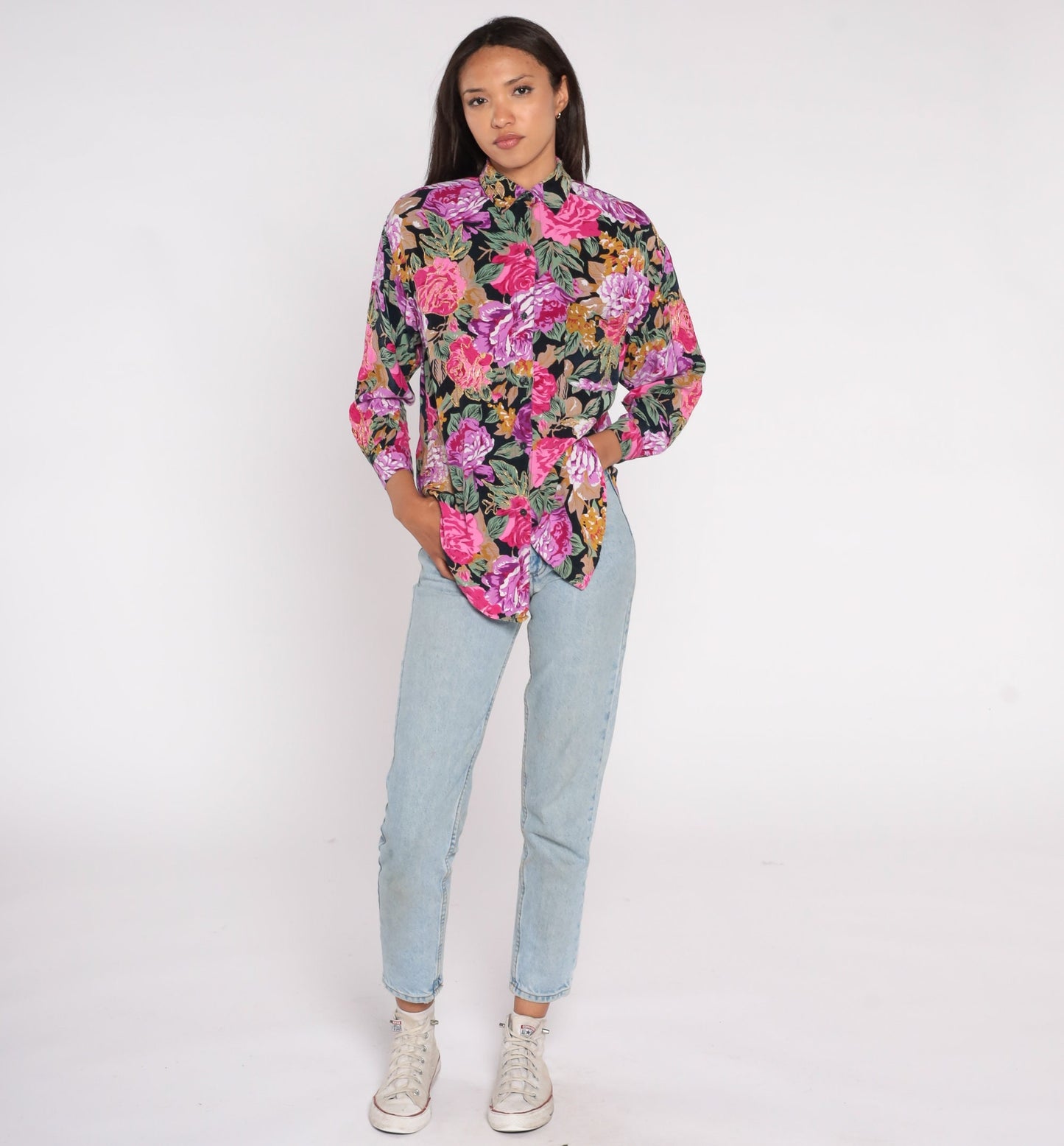 90s Floral Button Up Blouse Metallic Gold Pink Purple Rayon Small