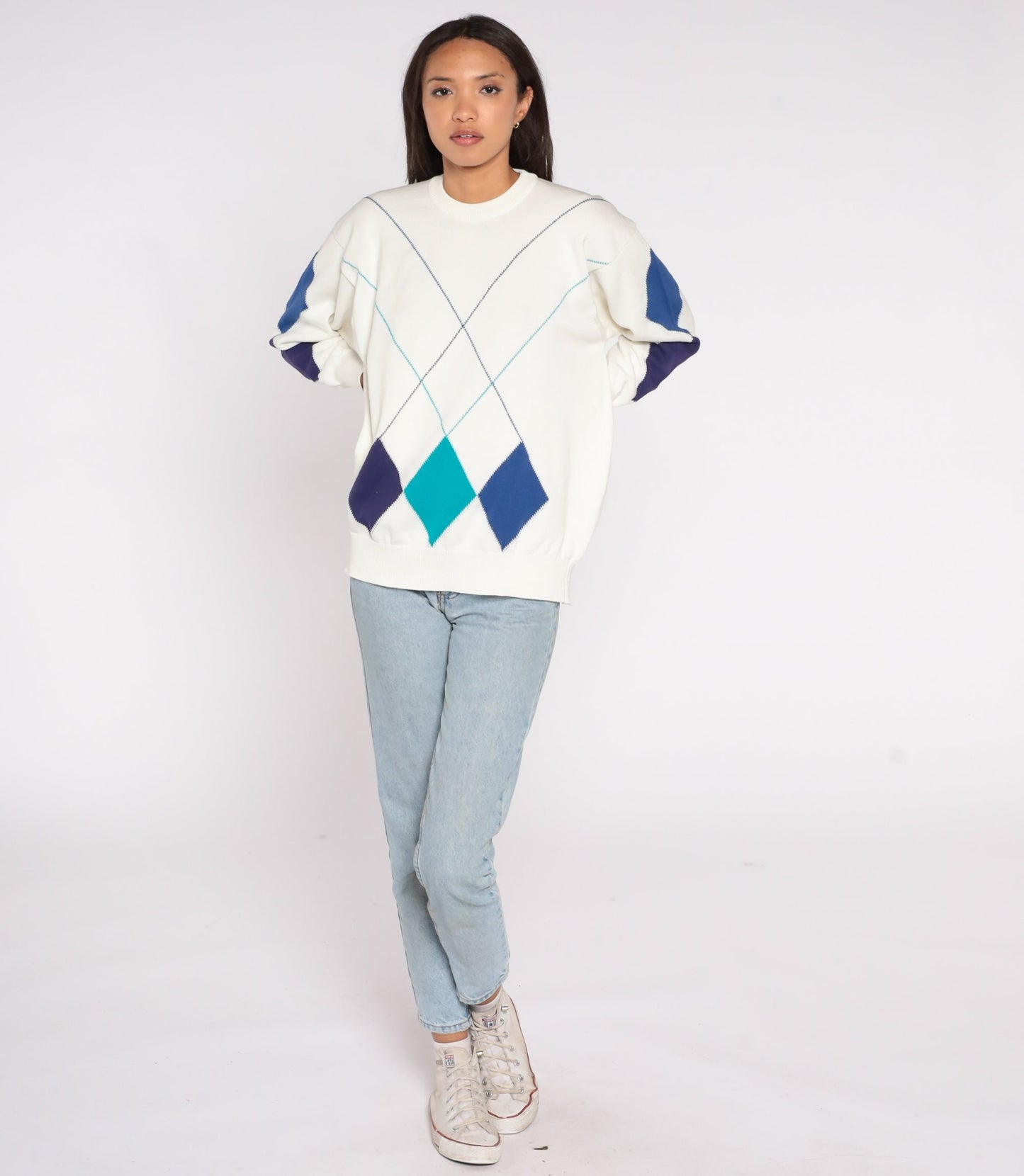 90s Geometric Diamond Jacquard Sweater White Blue Pullover Extra Large XXL