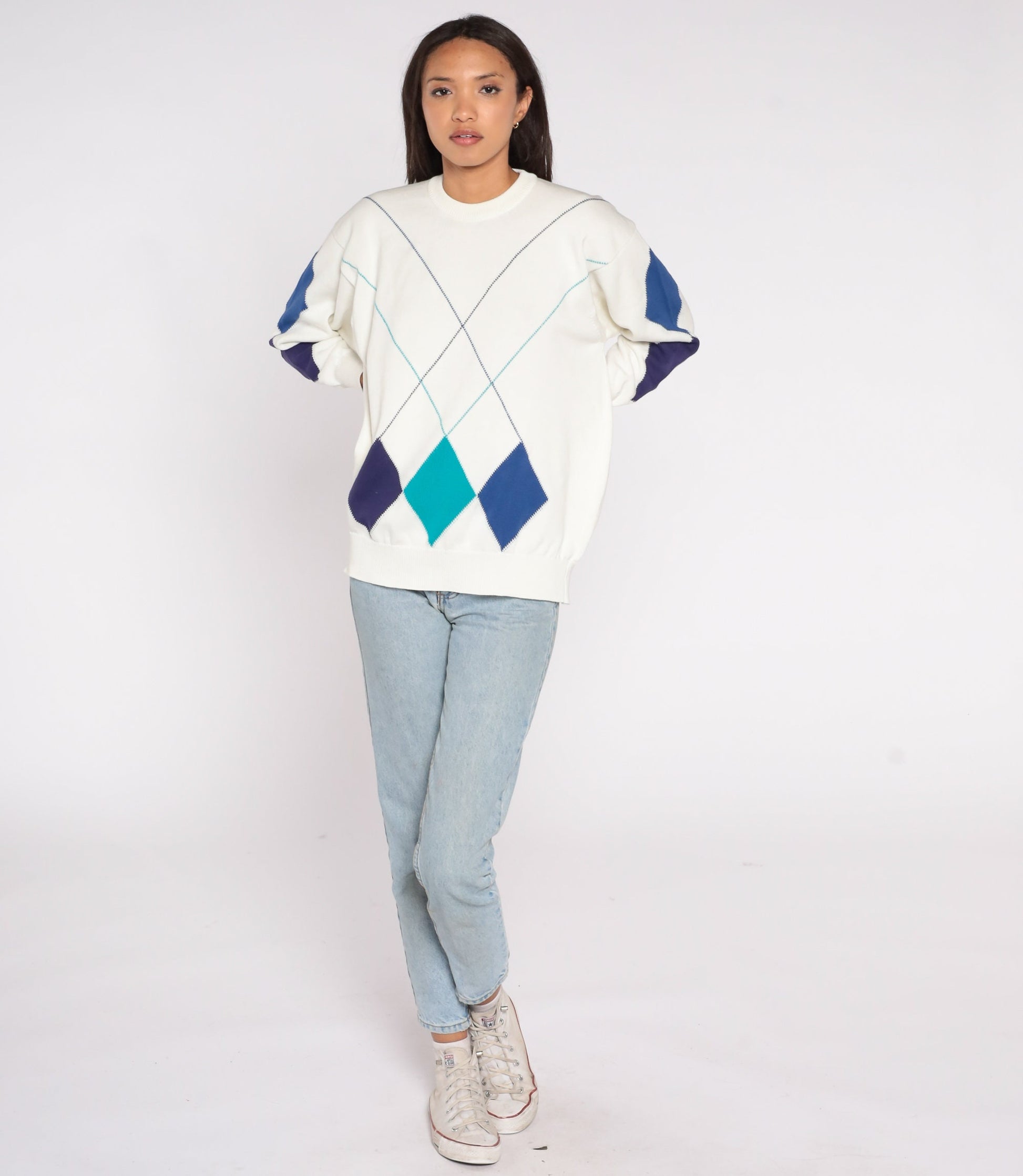 90s Geometric Diamond Jacquard Sweater White Blue Pullover Extra Large XXL