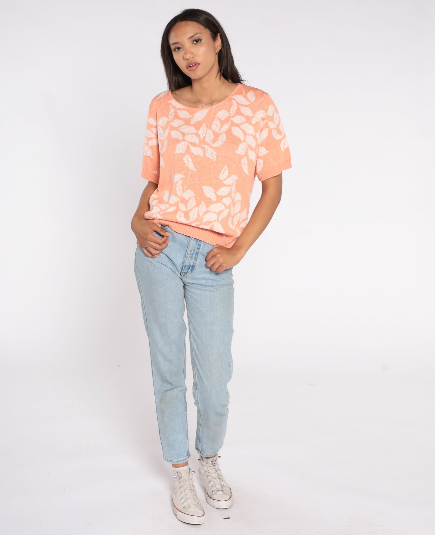 80s Orange Leaf Knit Sweater Short Sleeve Botanical Print Extra Large XXL