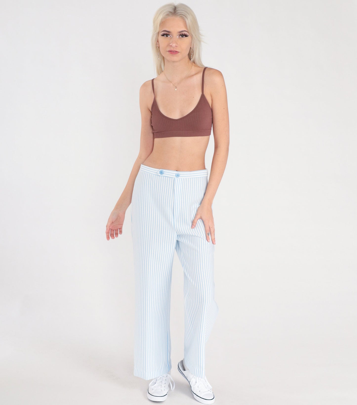 70s White Blue Striped High Rise Straight Leg Trousers Medium 29