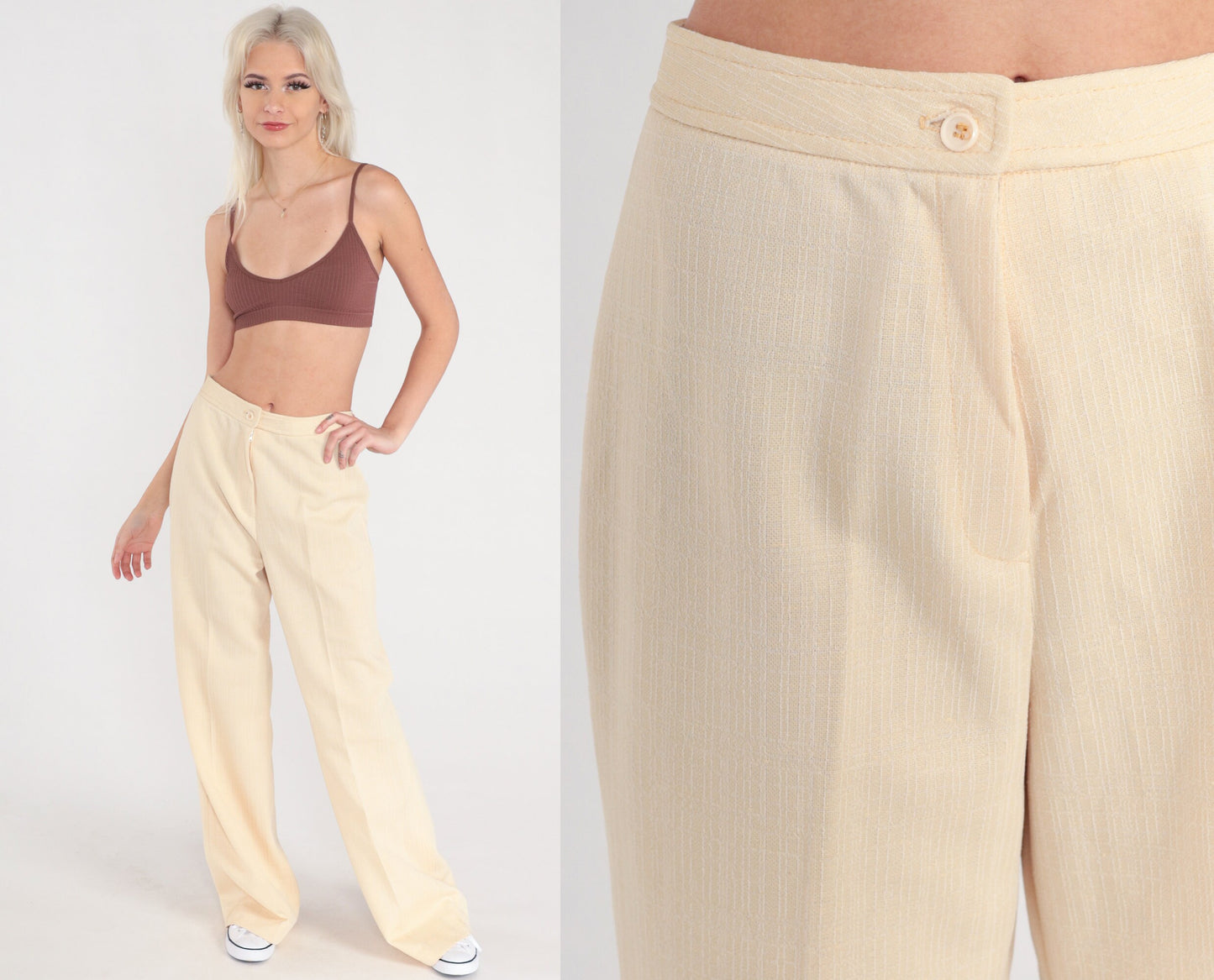 70s Pale Yellow Bell Bottom Pants High Waist Vintage Trousers Small