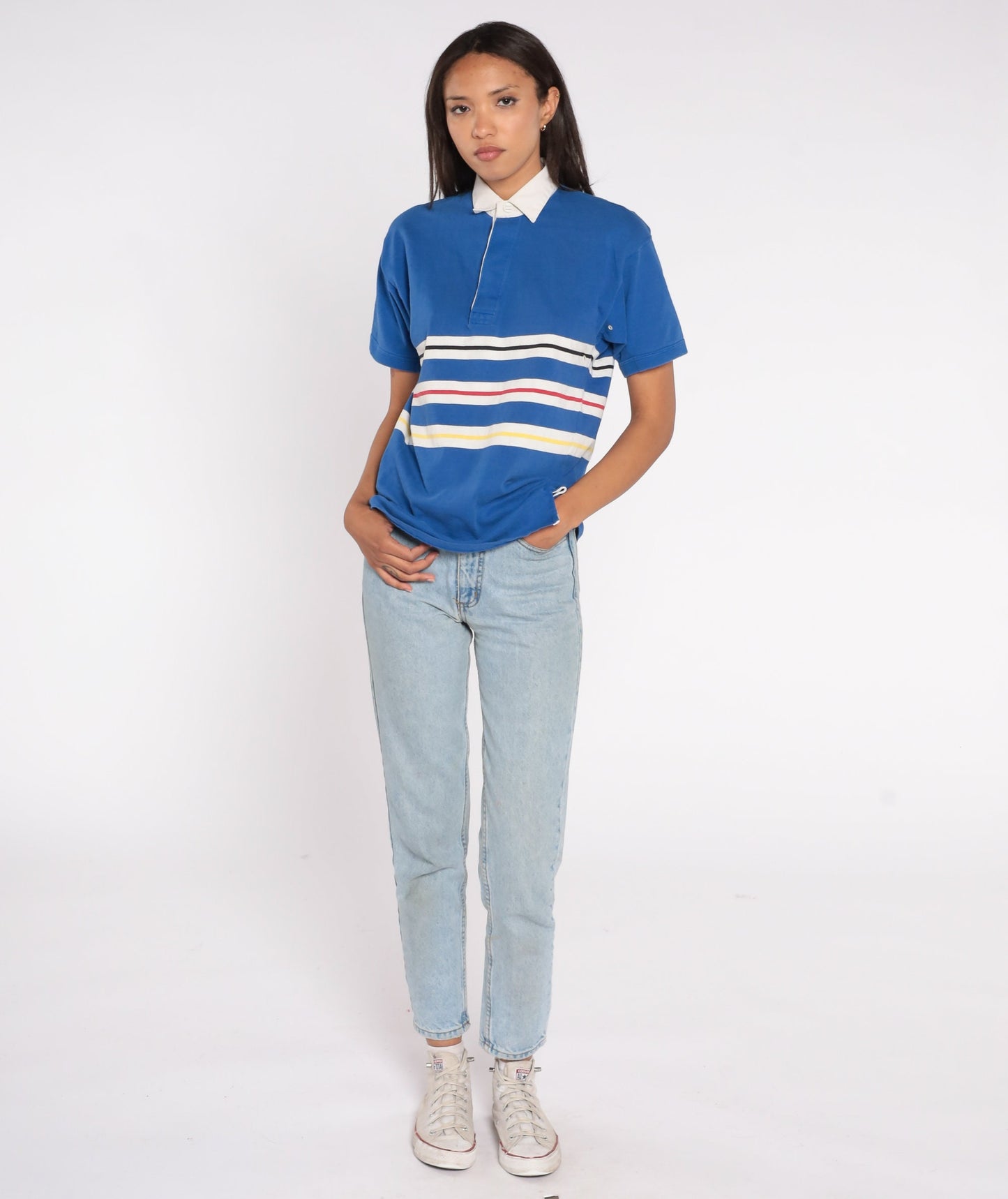 80s Blue Striped Polo Shirt Cotton Half-Button Collared Small