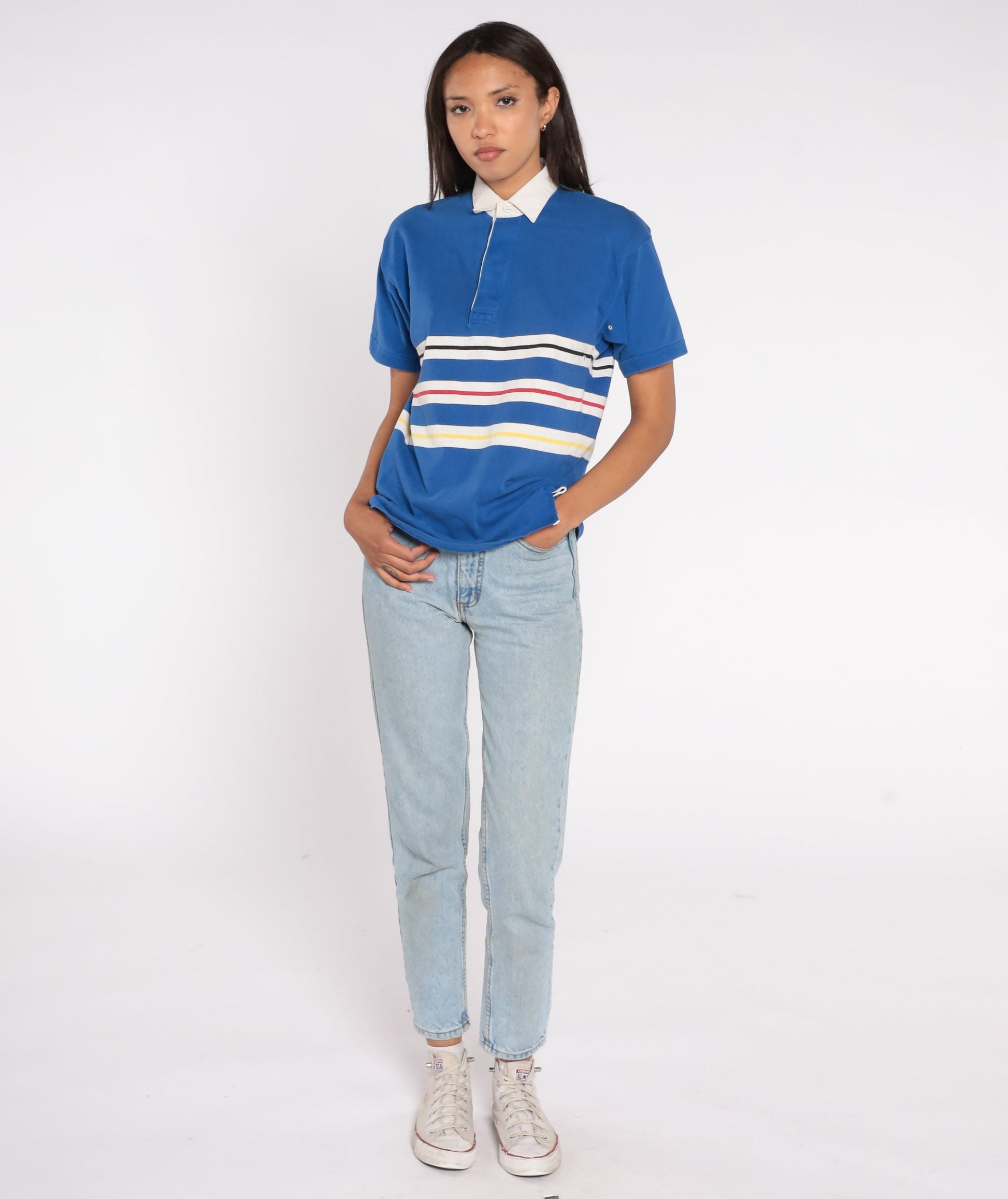80s Blue Striped Polo Shirt Cotton Half-Button Collared Small