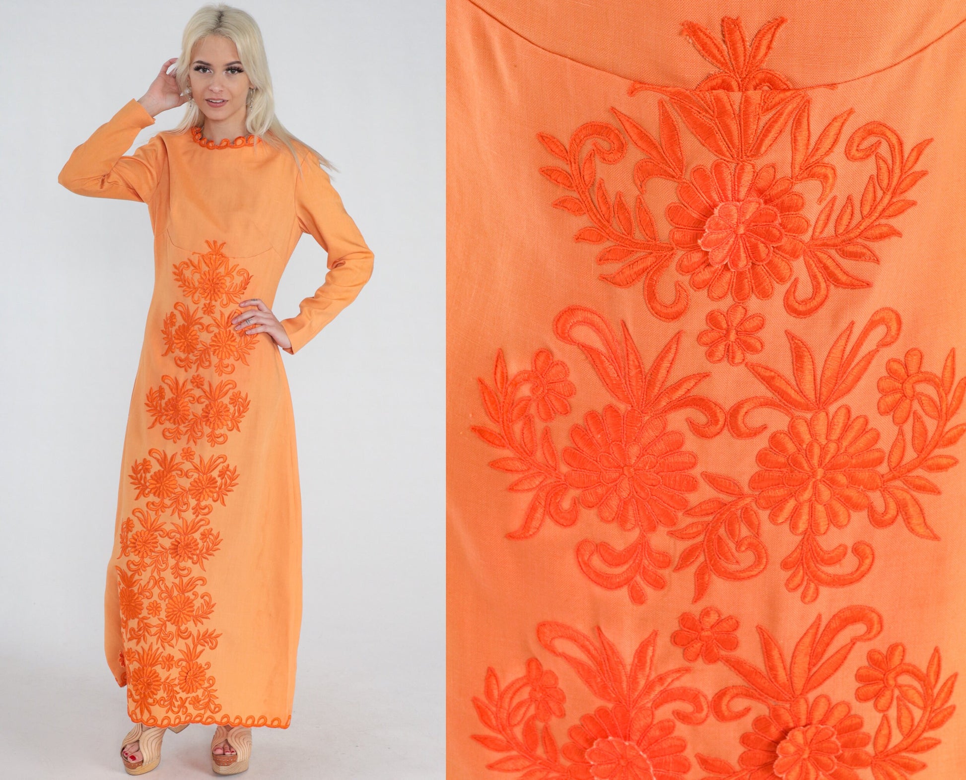 70s Orange Floral Embroidered Maxi Dress Empire Waist Long Sleeve Small